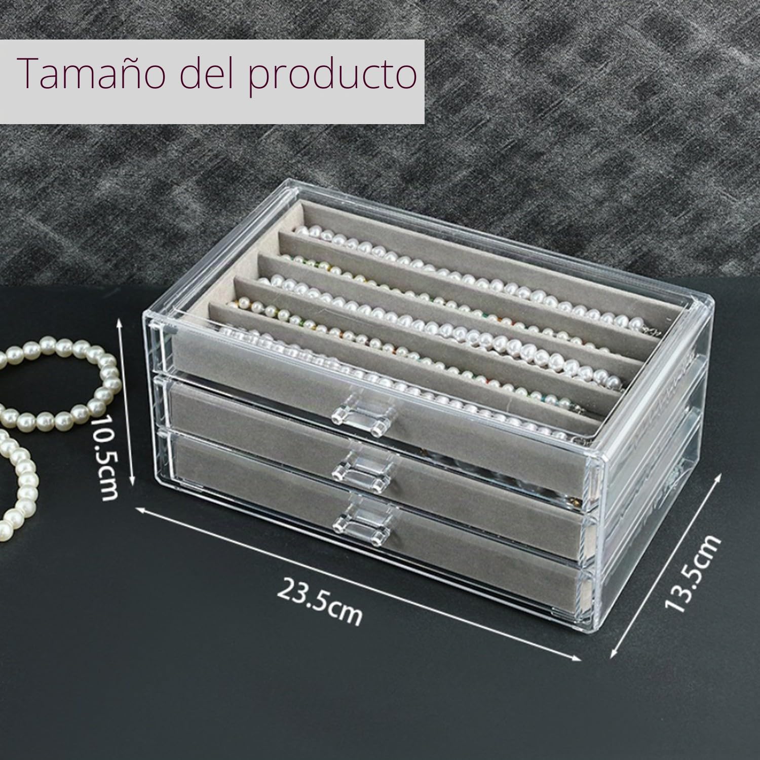 Caja de almacenamiento de collar, caja organizadora de acrílico con bandeja de terciopelo, soporte a prueba de polvo para mujeres y niñas (gris, 3 cajones)