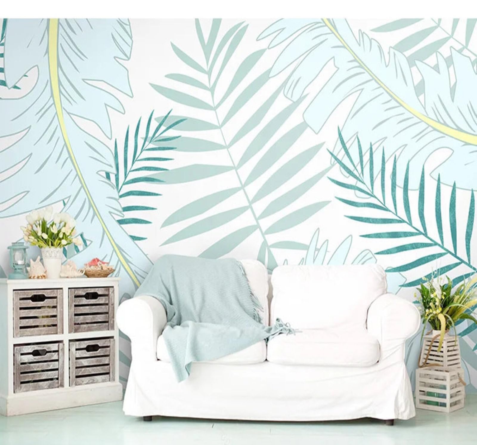 Tzxztt Hand Drawn Fresh Tropical Plants Leaves Modern 3D Wallpaper Premium Textured Silk Neutral Tones Material Ideal for Living Room Bedroom-350cm×256cm