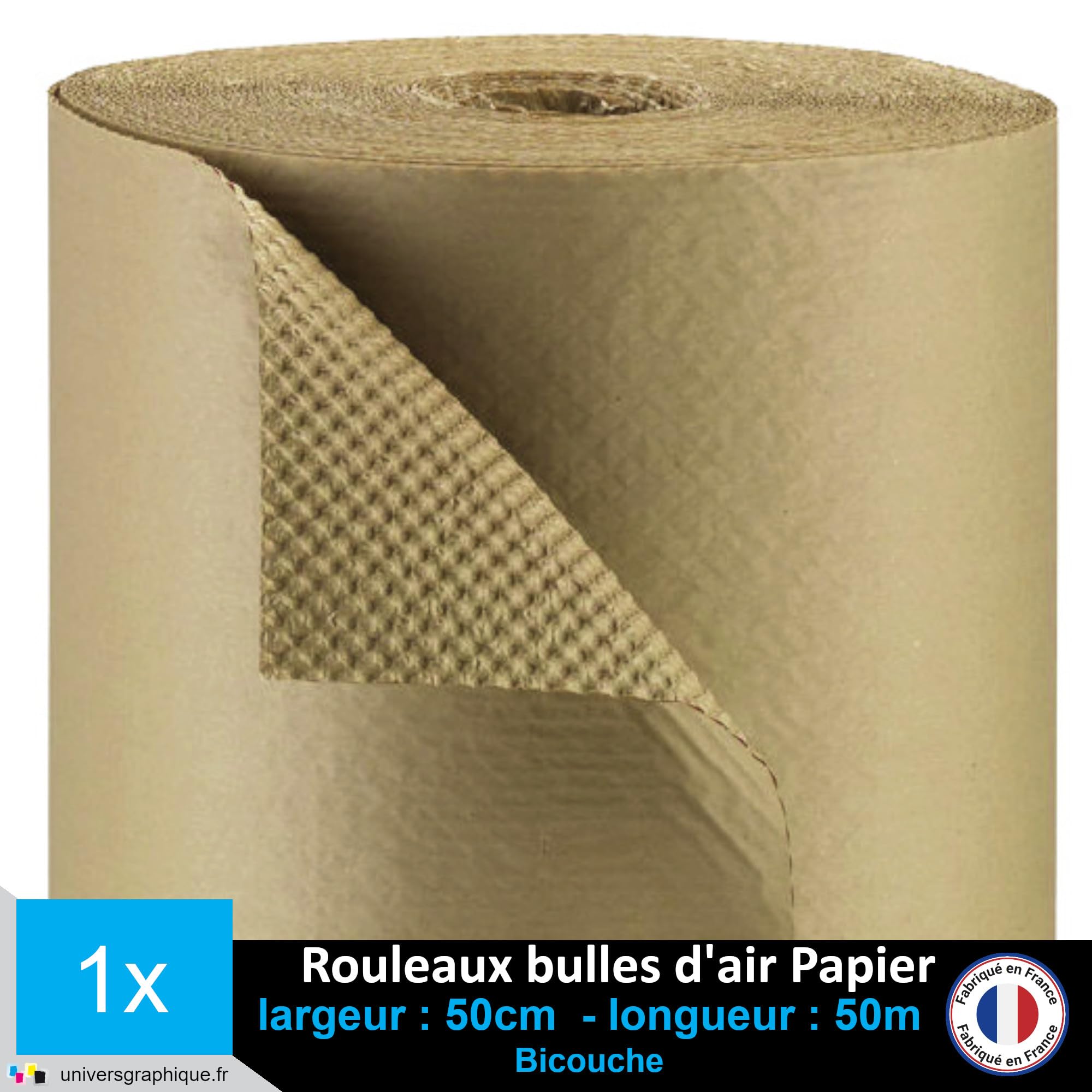 Rouleau Papier Bulle Kraft bicouche 50 g/m², 50cm de hauteur x 50 mètres de longueur et 42cm de diamètre pour calage et protection de contenu de colis.
