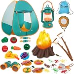 Kids Camping Play Tent with Toy Campfire / Marshmallow /Fruits Toys Play Tent Set for Boys Girls Indoor Outdoor Pretend-Play Game