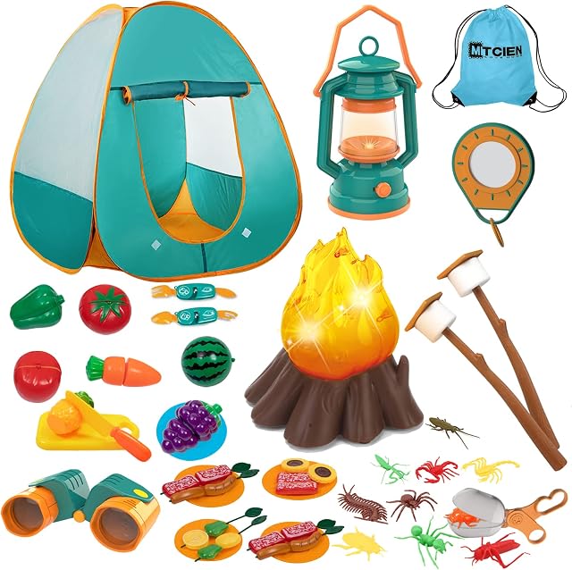 Kids Camping Play Tent with Toy Campfire / Marshmallow /Fruits Toys Play Tent Set for Boys Girls Indoor Outdoor Pretend-Play Game