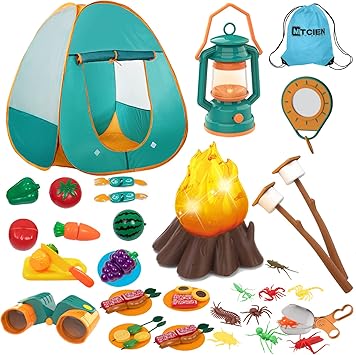 Kids Camping Gear Set with Play Tent, Pretend Campfire, Fruits, Marshmallow, Camping Toys for Toddlers, Boys & Girls - Indoor & Outdoor Explore & Adventure