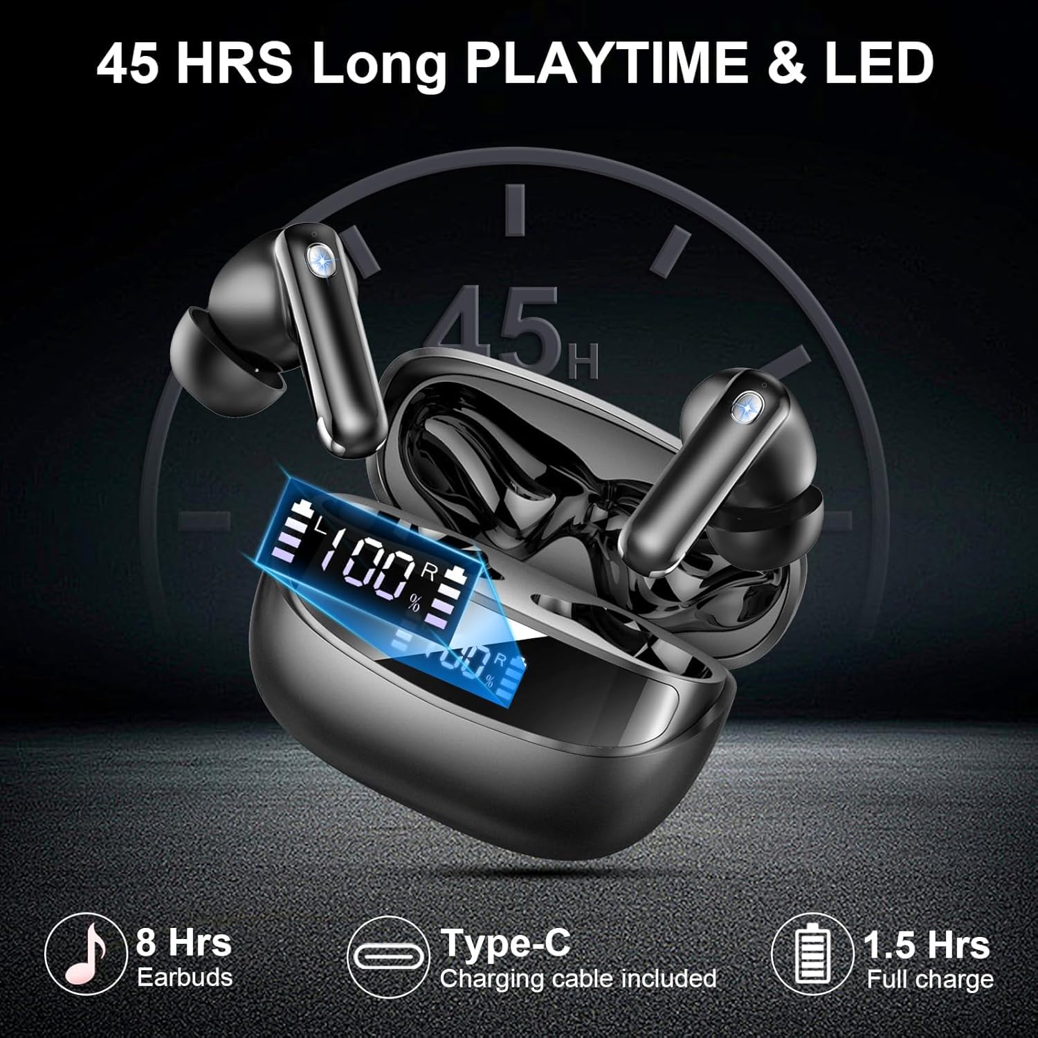 Ecouteurs Bluetooth sans Fil, Ecouteurs sans Fil Bluetooth 5.4, 4 ENC Réduction Bruit Micro, Audio Stéréo Haute Fidélité, 50H de Lecture, Contrôle Tactile, IP7 Étanche, Écran LED, pour Iphone Android