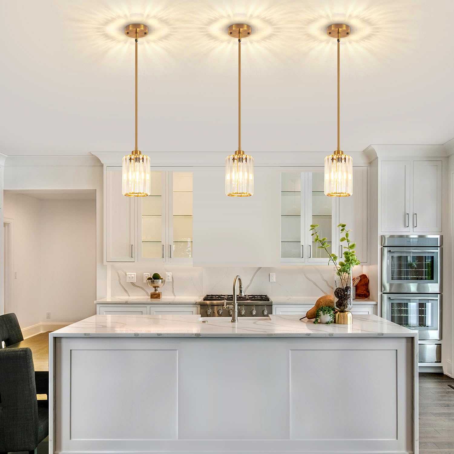 Paquete de 2 luces colgantes para isla de cocina, moderna iluminación colgante de cristal dorado, accesorios de iluminación colgante de cocina, mini lámpara colgante para isla, comedor 6
