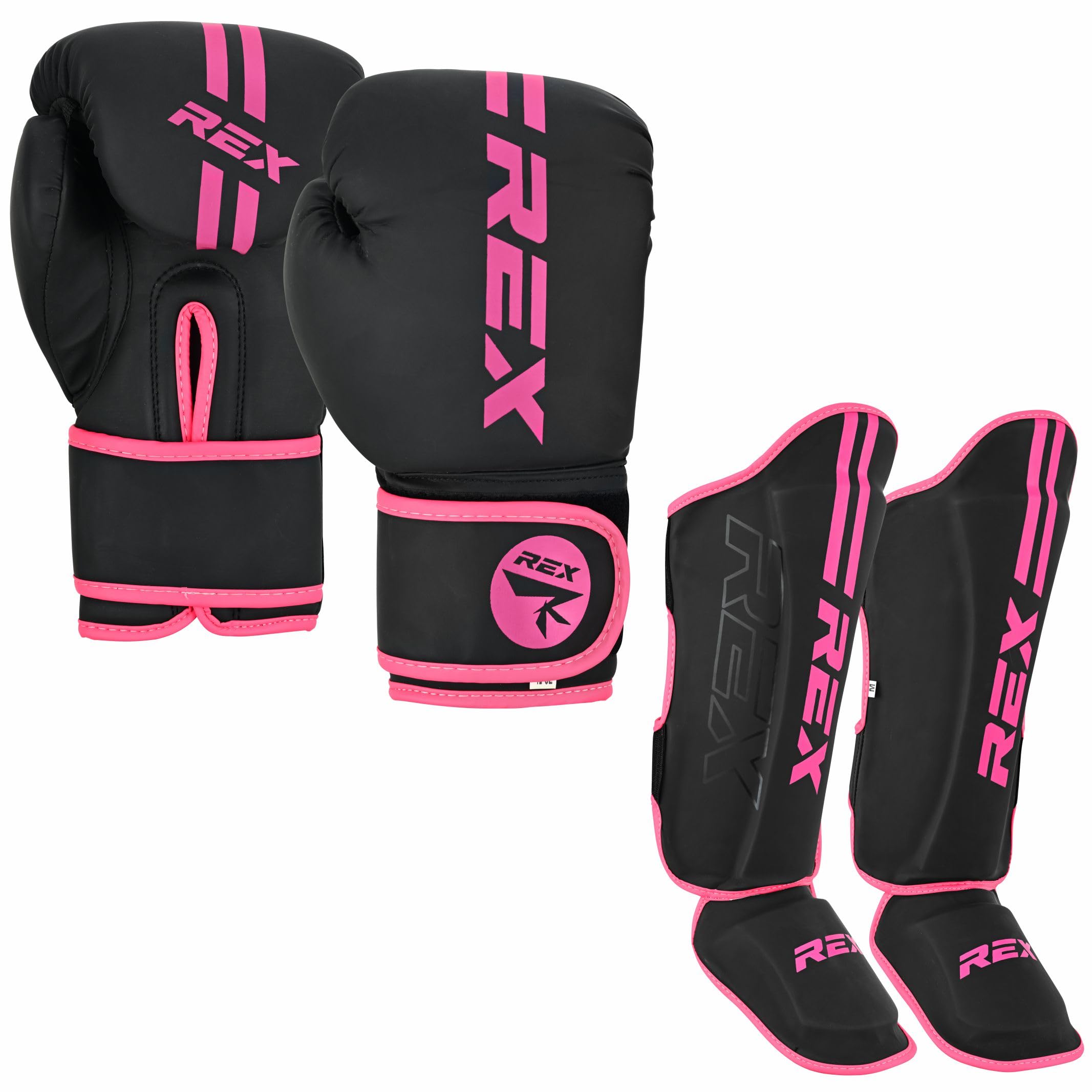 Rex Sports Boxing gloves with Shin Instep for Kickboxing Heavy duty punching gloves MMA fighting pads, Muay Endurance shinpads Sparring gloves MMA PINK (Gloves Size 8 oz, Shin Size S)