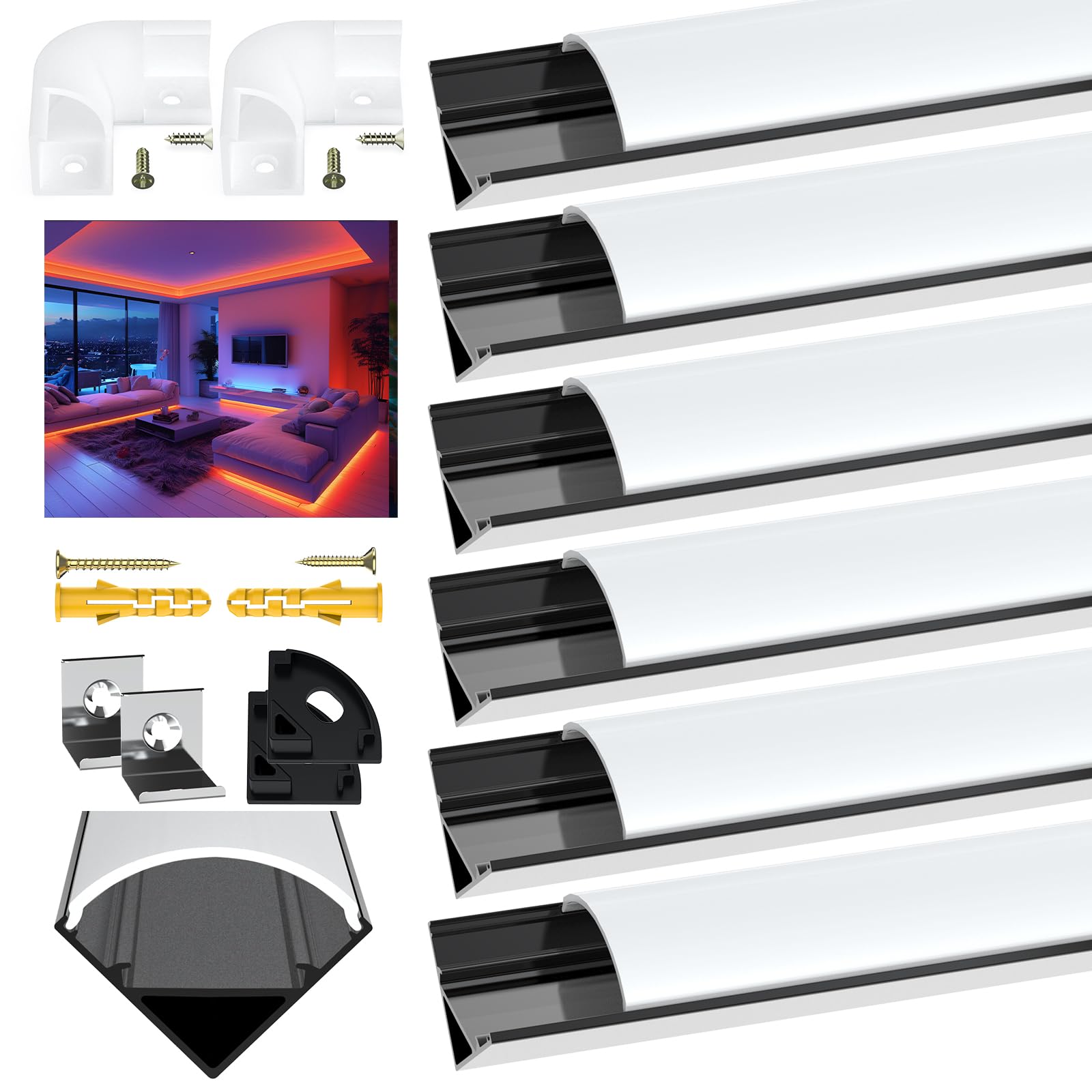 Angdarun Profil LED, profil aluminiowy LED, 6 x 1 m, profil aluminiowy w kształcie litery V do taśm LED/taśm, zaślepek (1M-6V32-HB)