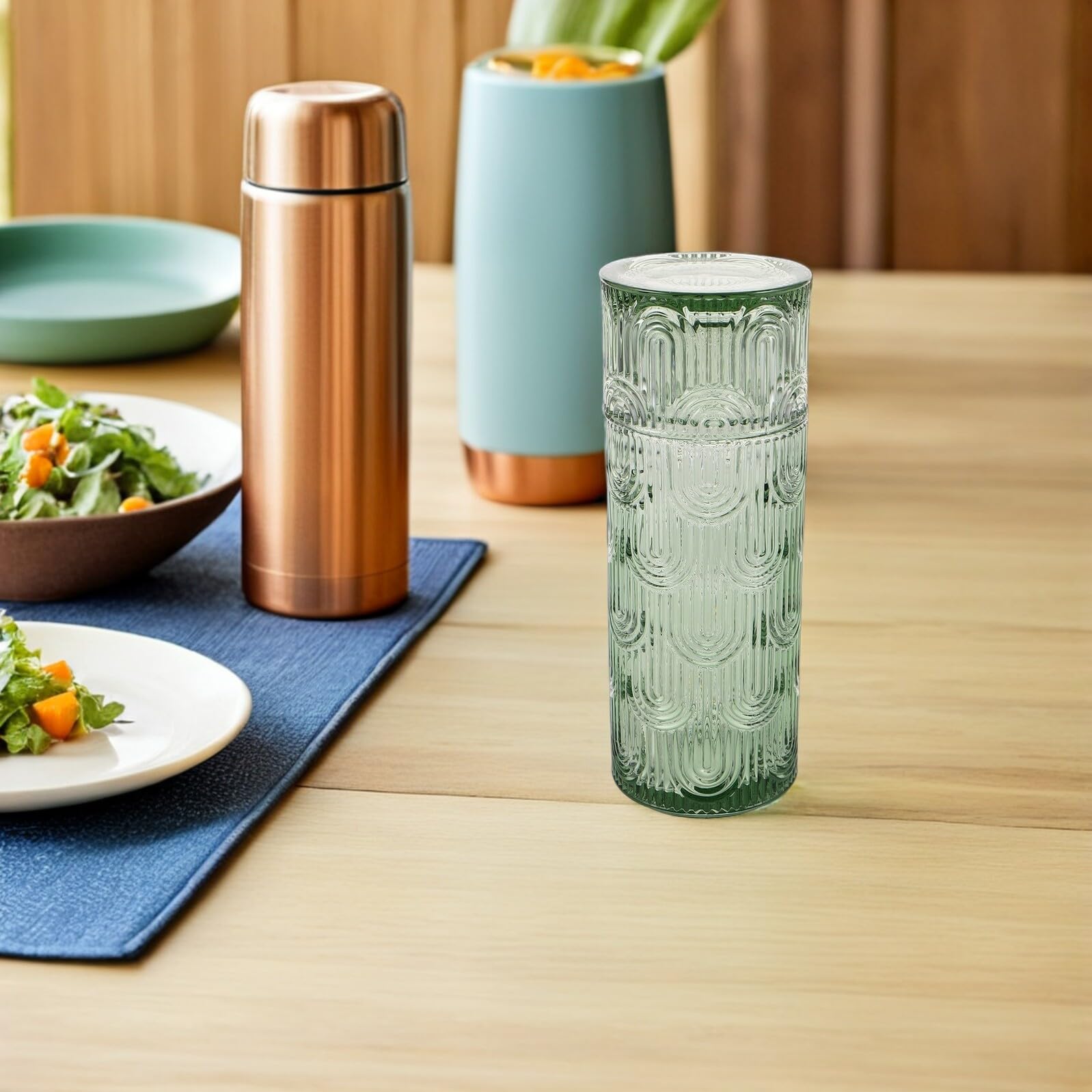 DECHOUS Juego de Jarra y Vaso de Cristal con Jarra de Agua Fría Verde de 1 Litro Juego para Zumo y Bebidas Frías Adecuado para Uso Doméstico y Mesa de Noche