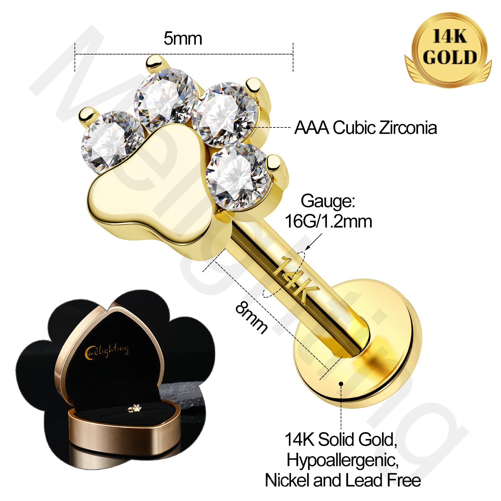 Melighting 14 K Gelbgold, Hundepfote, Knorpelohrring, Innengewinde, Helix, CZ, flach, hinten, 8 mm, Tragus, Daith, 16 g, Labret Stud