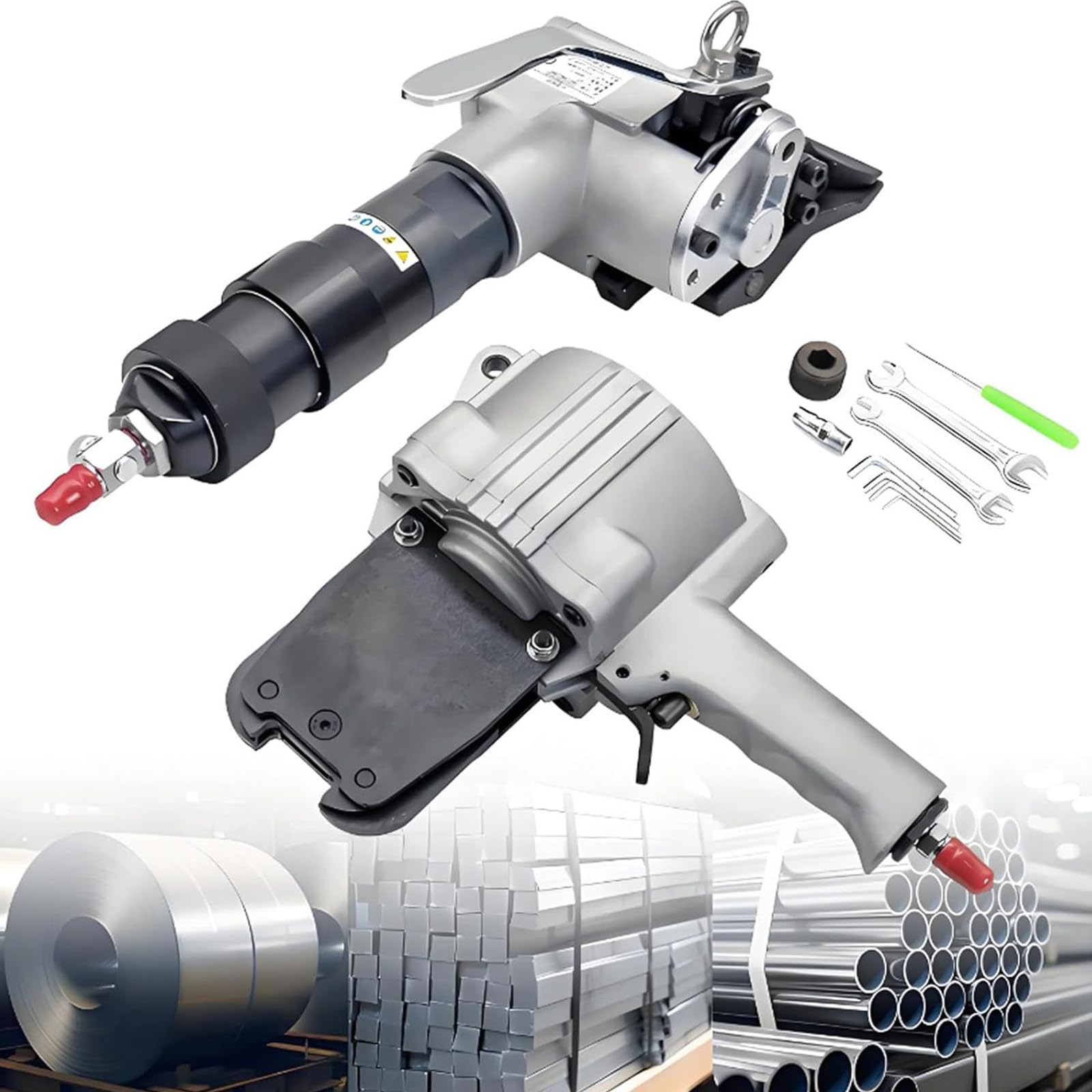YXZYFPP Pneumatic Steel Strapping Machine, Heavy Duty Banding Tool with Tensioner and Cutters Sealer for 19mm/25mm/32mm Metal Belt, Portable Packaging Solution (19mm)