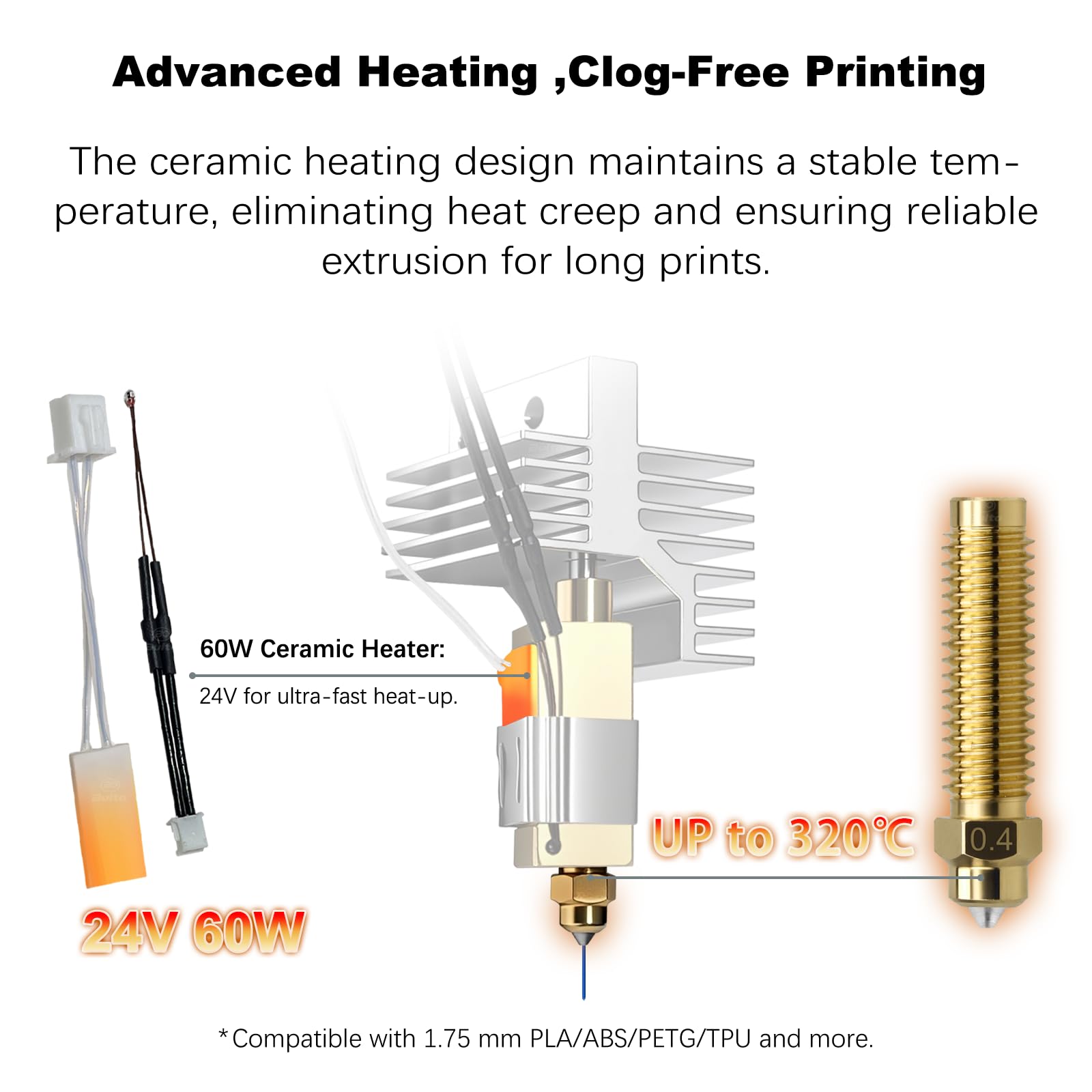 Für Elegoo Centauri Carbon Hotend, 0,4 mm vorinstallierte Düse aus gehärtetem Messing, Extruder-Kit, installierter Kühlkörper, mit 0,2 mm, 0,4 mm, 0,6 mm, 0,8 mm Düse, Silikon-Socke