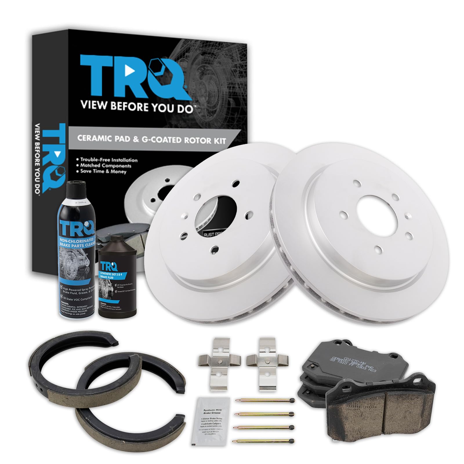 TRQ Rear Brake Pad &amp; Rotor Kit, with Chemical Kit Parking Brake Shoe Set Ceramic Premium G-Coated Compatible with 2005-2010 Cadillac STS