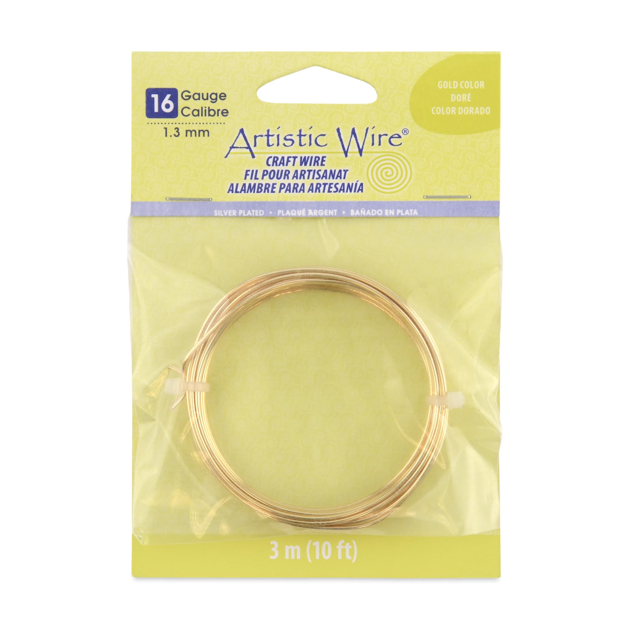 Artistic Wire Gold 16 Gauge / 1.3 Mm Silver Plated Tarnish Resistant Colored Copper Craft Wire, 10 Ft / 3.1 M,