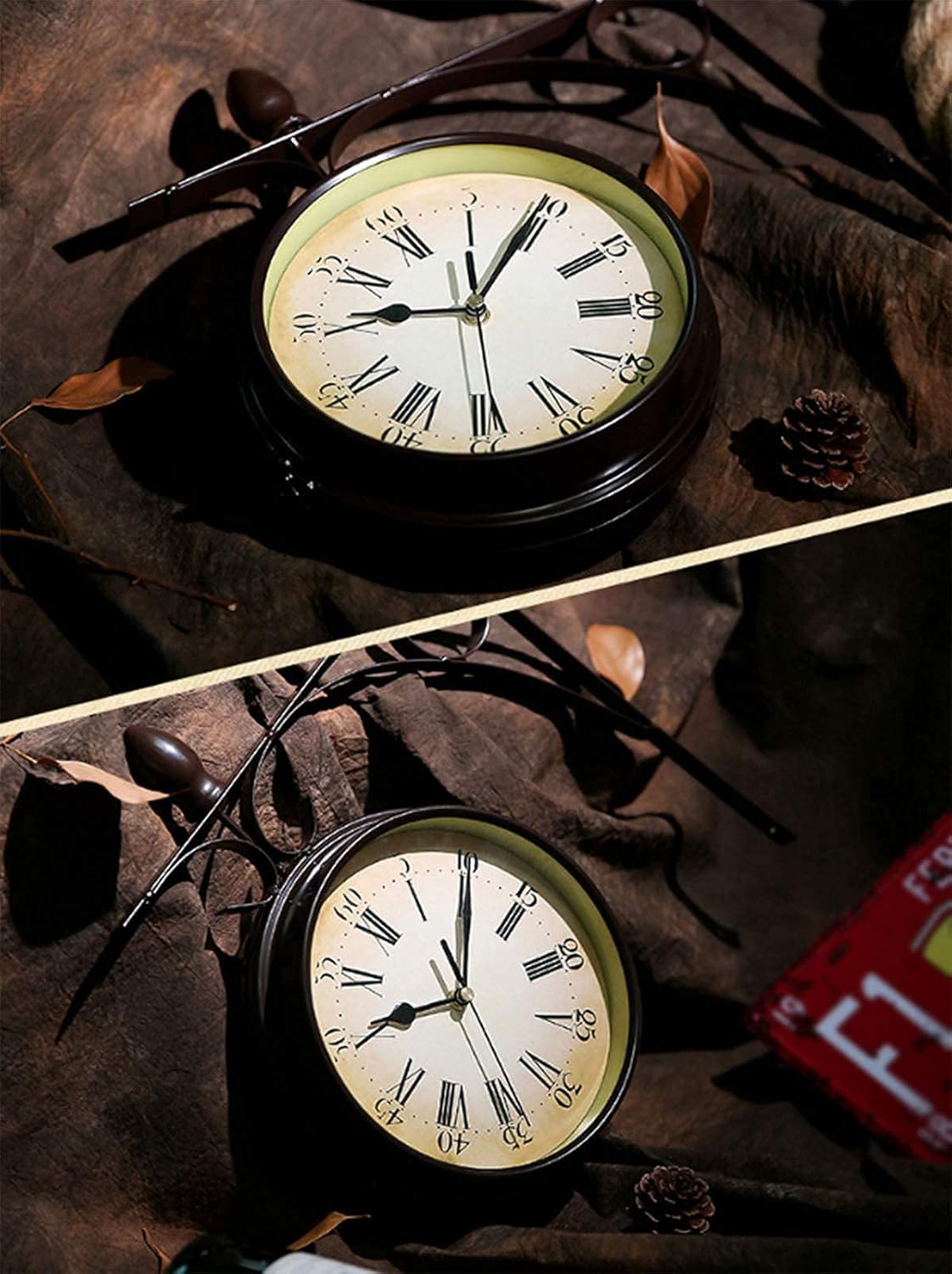 Wrought Iron Retro Creative Home, Outdoor Garden Wall Clock, Wall Clock Double-Sided Wall Clock Outdoor Decoration Outside Clock Beautiful Scenery