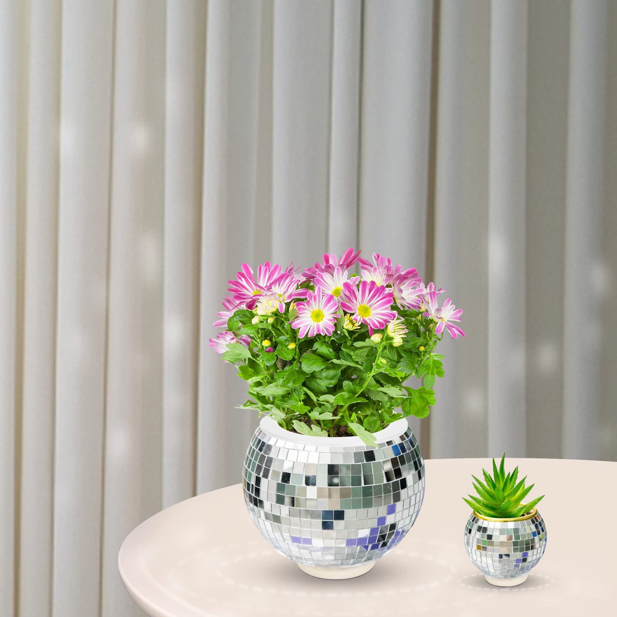 2 Pcs Sliver Disco Ball Planter with Macrame Hanger Holder-4"+7" Mirror Disco Ball Plant Hanger, Hanging Mirror Ball Flower Succulents Pots,Home Boho Hanging Planter for Indoor Outdoor Plants(4"+7")