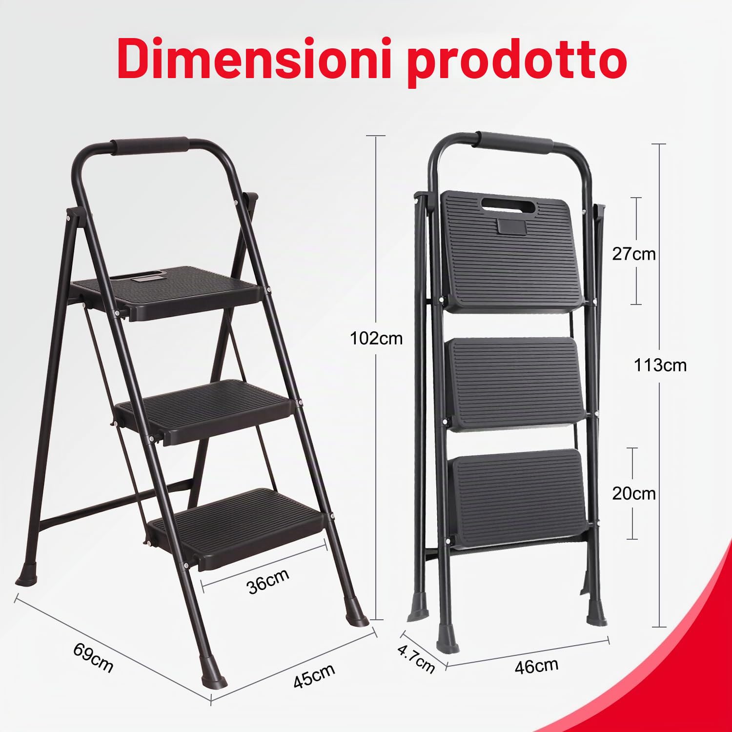 OUTIGO Scala a pioli pieghevole a 3 gradini, piccola scala con impugnatura in gomma, design antiscivolo, realizzata in lega di acciaio di alta qualità, capacità di carico fino a 150 kg, scala portati