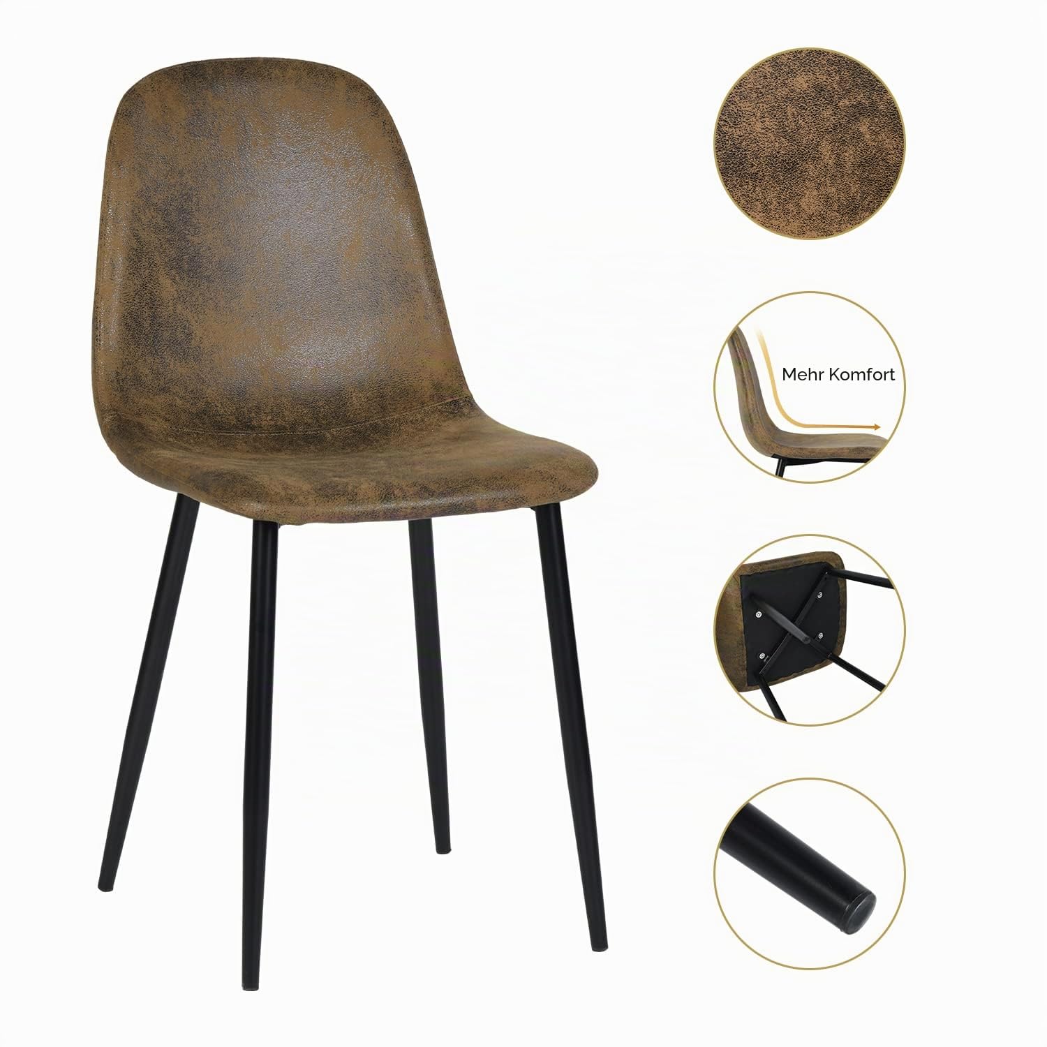 FurnitureR Set von 4 Esszimmerstühlen Faux Wildleder skandinavische Vintage Küchenstühle für Esszimmer, schwarzes Bein, braun