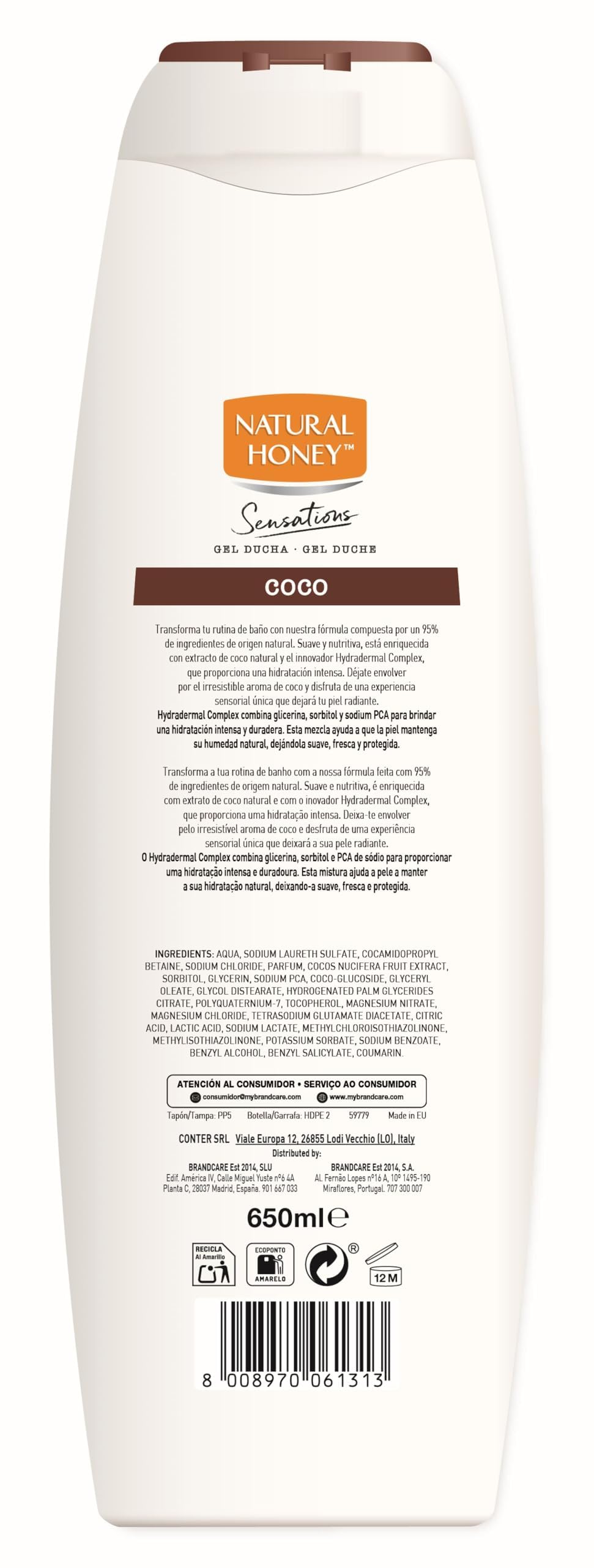 Natural Honey, Gel de Ducha con Extracto Natural de Coco Hidratante y Suavizante, con Hydradermal Complex para una Piel Suave, Fresca y Protegida, Aroma Tropical, Línea Sensations, 650 ml