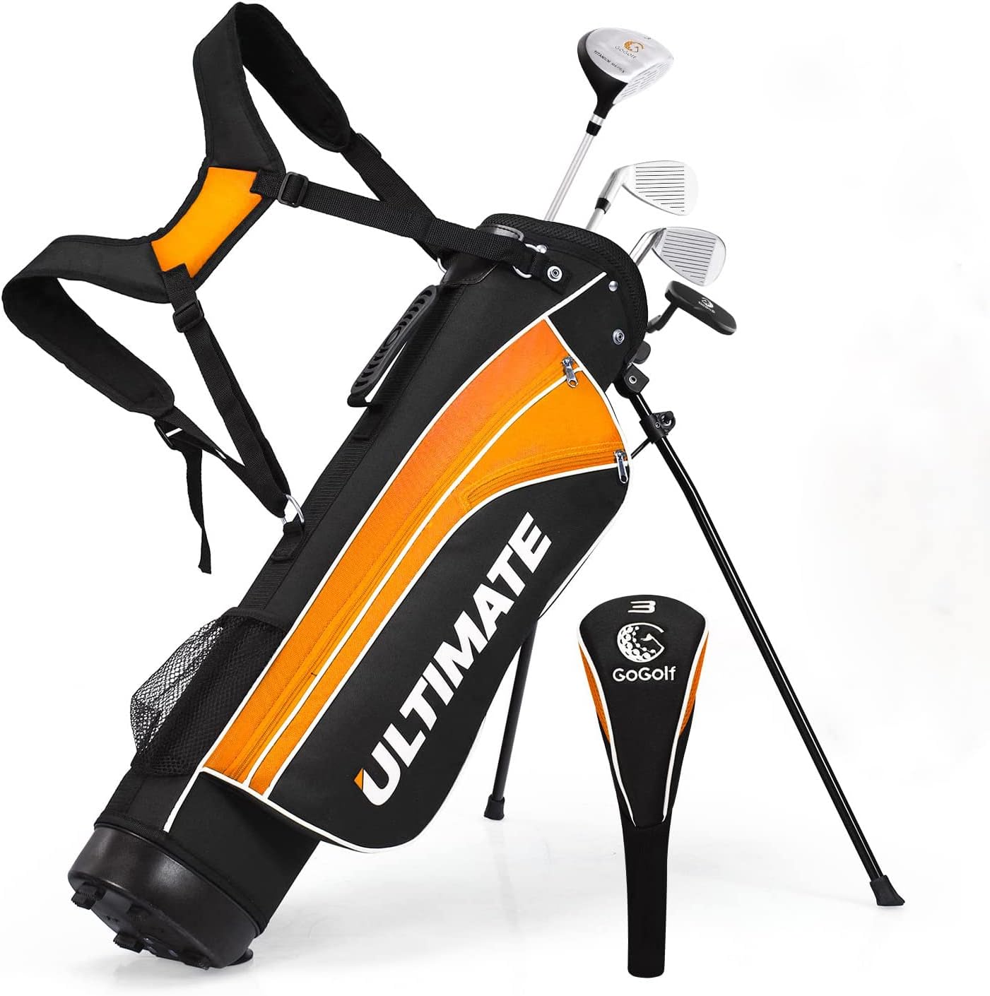 Kids Golf Clubs, Golf Stand Bag with 3# Fairway Wood, 7# & 9# Irons, Putter, Head Cover & Rain Hood, Youth Golf Clubs for Boys & Girls, Junior Golf Clubs for Ages 8-10, Right Hand,Orange