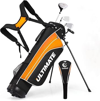 Kids Golf Clubs, Golf Stand Bag with 3# Fairway Wood, 7# & 9# Irons, Putter, Head Cover & Rain Hood, Youth Golf Clubs for Boys & Girls, Junior Golf Clubs for Ages 8-10, Right Hand,Orange