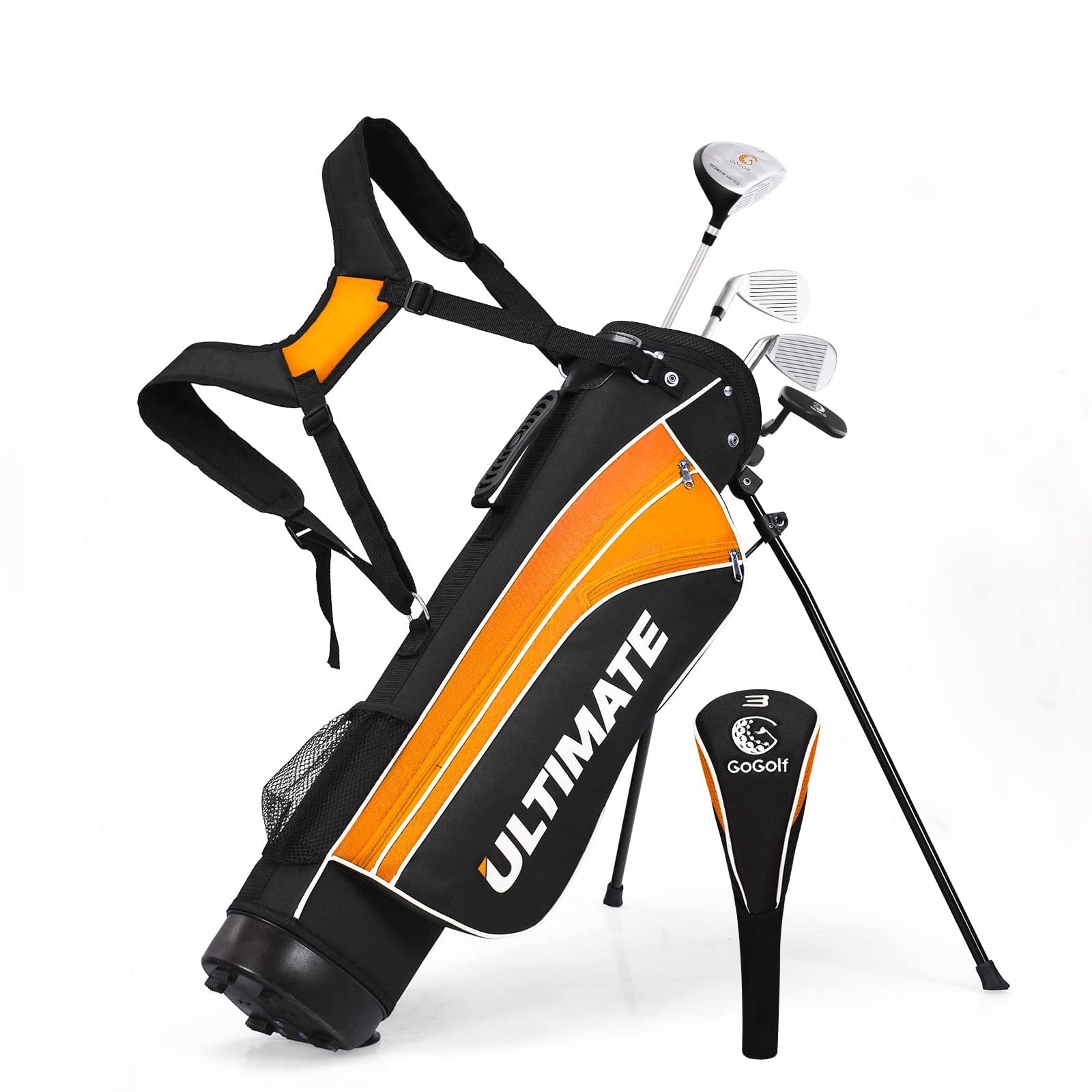 OFFICEJOYKids Golf Clubs, Golf Stand Bag with 3# Fairway Wood, 7# & 9# Irons, Putter, Head Cover & Rain Hood, Youth Golf Clubs for Boys & Girls, Junior Golf Clubs for Ages 8-10, Right Hand,Orange