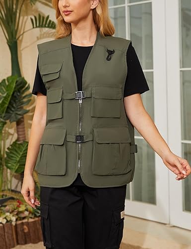 Miniatura 2 de Wyeysyt Chaleco de pesca para mujer, chaleco de viaje para trabajo al aire libre con múltiples bolsillos