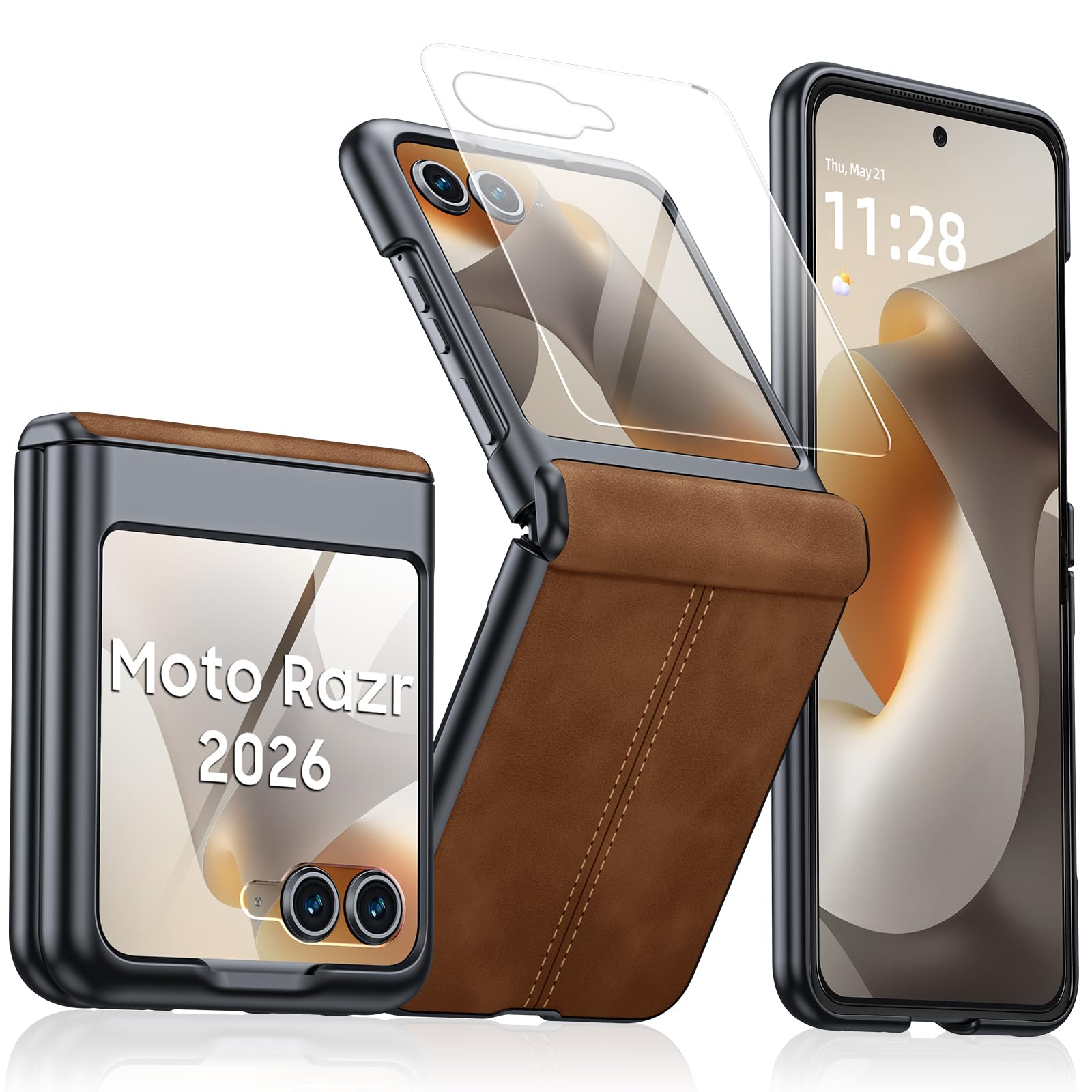 for Motorola Razr 2026 Case with Hinge Protection &amp; Built-in Outer Screen Protector, Ultra-Thin PU Leather Matte PC Shockproof Cover, Slim Protective Phone Case for Moto Razr 2026-Brown