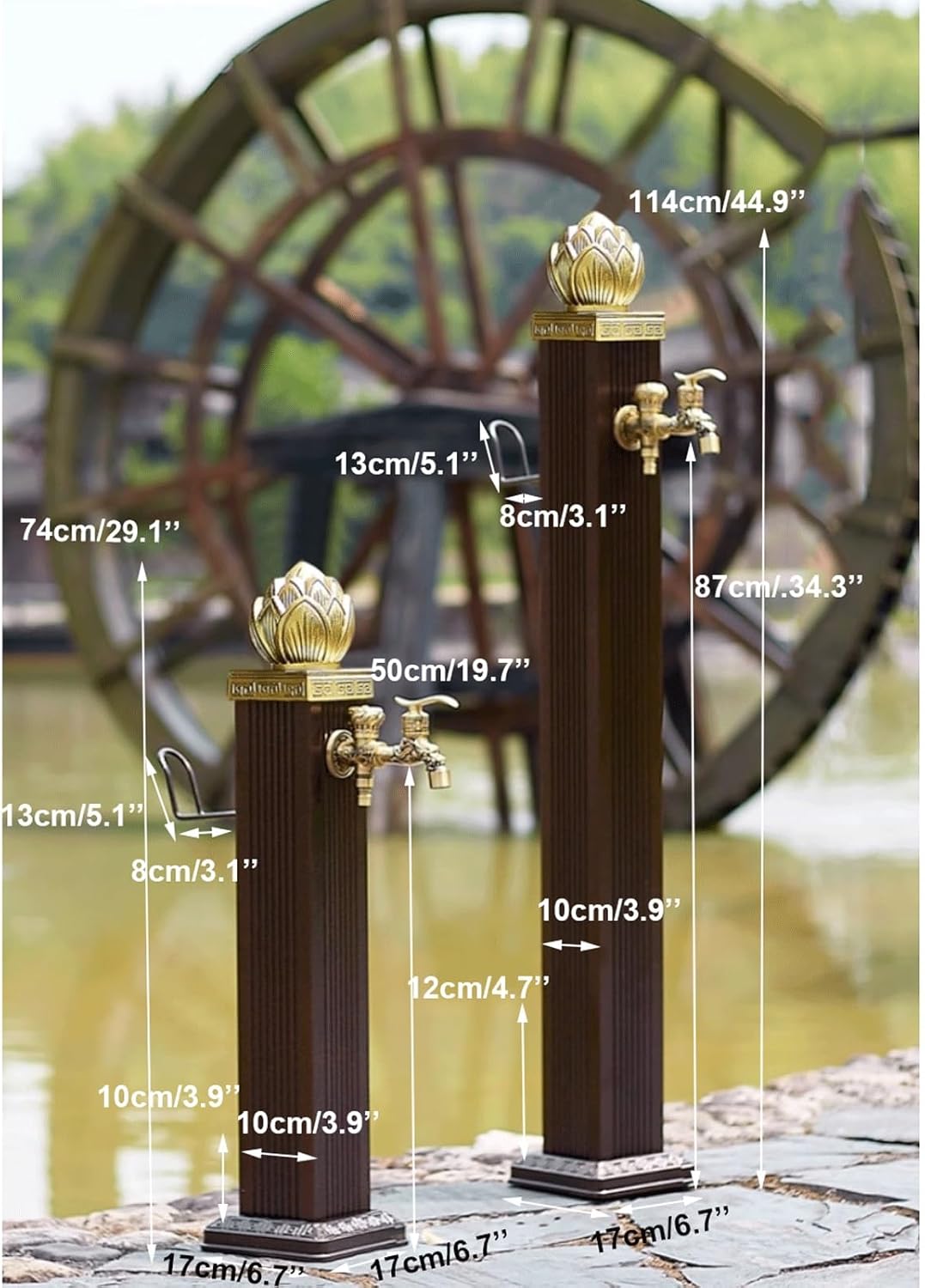 Outdoor Vertical Lotus Garden Water Column - Double Outlet Faucet Freestanding Hose Stand, Square Water Fountain & Yard Hydrant for Courtyard (74x17cm)