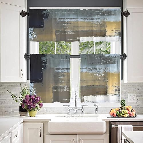 Miniatura 374 de Cenefas de cocina modernas con patrón de cobre marrón dorado para ventanas, cenefas opacas abstractas de marcas de arañazos y cortinas opacas