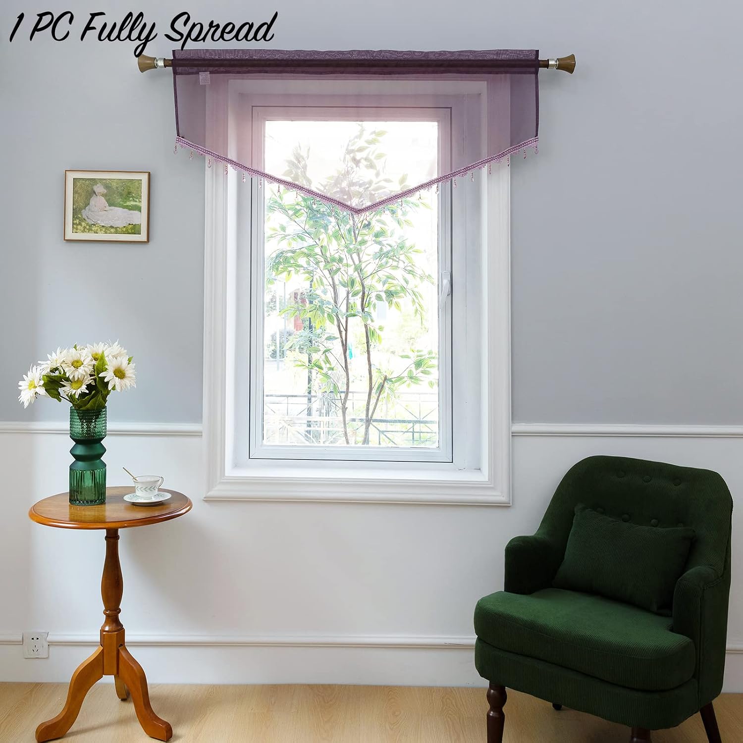 Beaded Sheer Valance Curtains for Living Room,Rod Pocket Farmhouse Window Valance, Bead Trim Tassel Voile Sheer Curtain Valance for Bedroom Bathroom Cafe 51x24 Inches (Dark Purple) 1PC