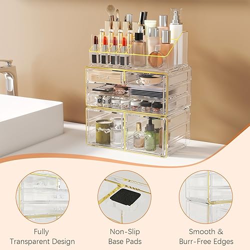 Miniatura 3 de Delamu Organizador de maquillaje de 3 cajones con 6 cajones, organizador de encimera de baño para tocador, cuidado de la piel, perfume,