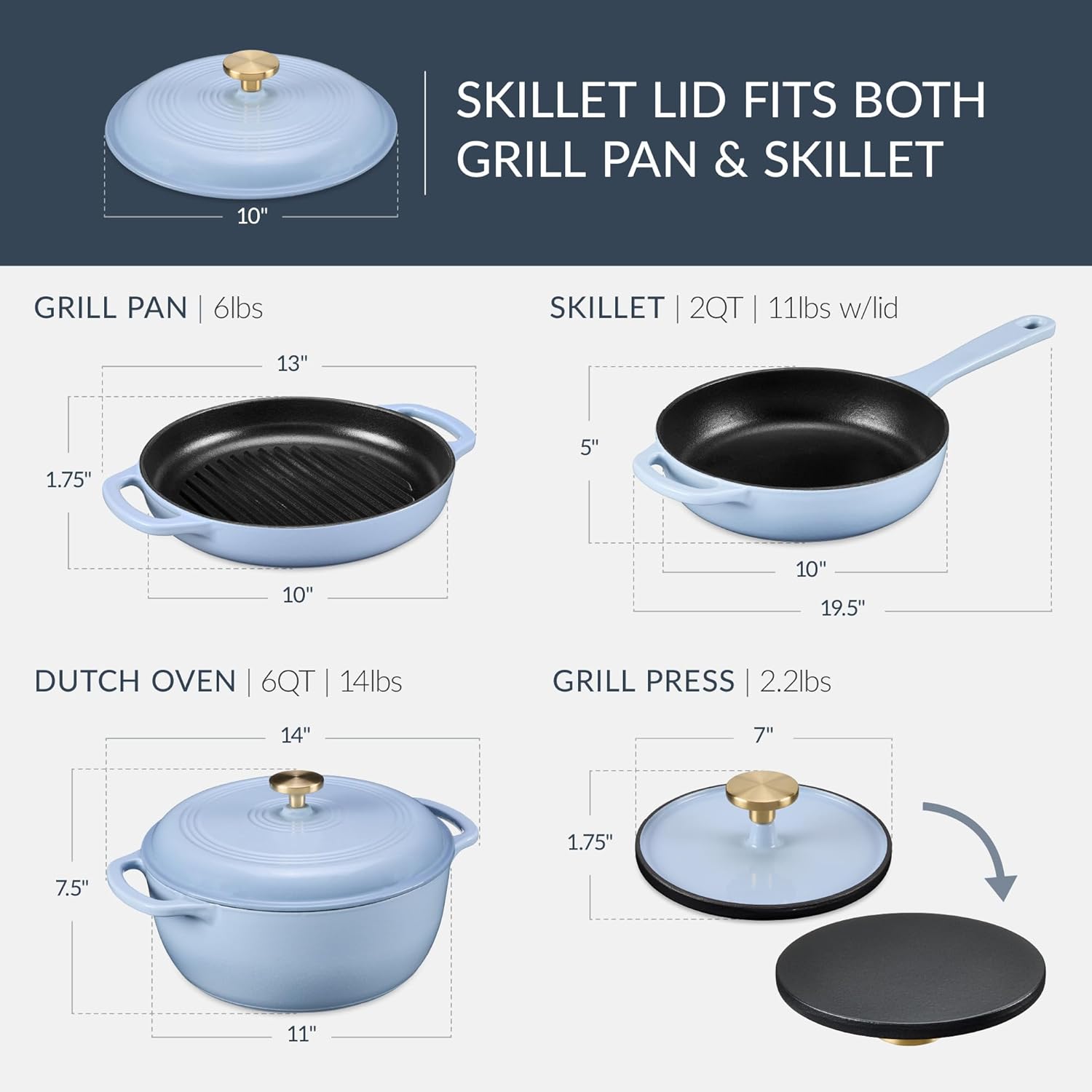 Best Choice Products Non-Stick Pot & Pan Cookware Set, Cast Iron, 2Qt Skillet W/Lid, 10" Grill Or Griddle Pan W/Press, 6Qt Enameled Dutch Oven, Non-toxic, For Cooking & Grilling - Cornflower - Image 2