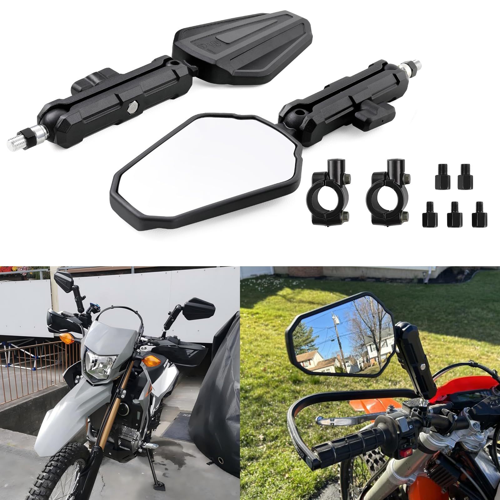 Adventure Espejo Retrovisor para Motocicleta Homologación E24, Plegable 360° con Manillar de 22 mm Tornillos M8/M10, Ccompatible para Street Dirt Bike Ebike Scooter ATV Quad