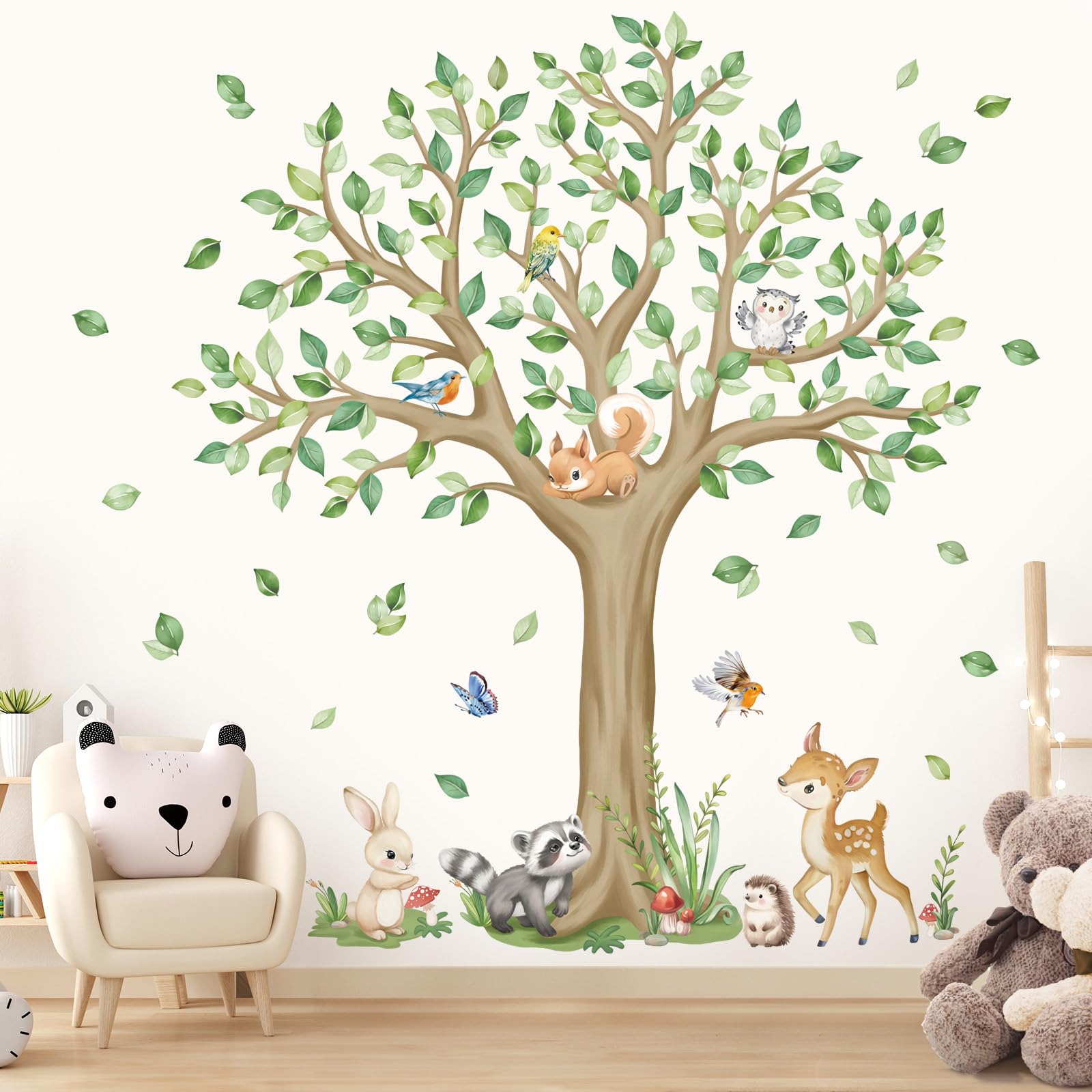 wondever Large Woodlands Animals Tree Wall Stickers Deer Squirrel Owl Peel and Stick Wall Art Decals for Kids Bedroom Baby Nursery