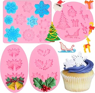 Christmas Bells Silicone Molds 3 Pcs, Snowflake Molds Silicone Holly leaves Snowman Tree Deer Chocolate Fondant Mold for Cake Decoration Candy Sugar Cupcake Topper Polymer Clay Crafts