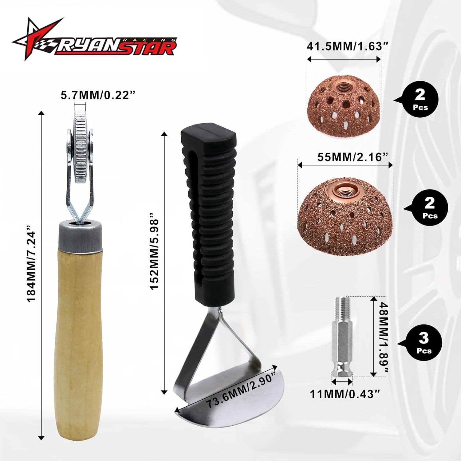 RYANSTAR RACING Tire Repair Set Includes 2500rpm Low Speed Air Tire Buffer Tire Patch Roller Tire Inner Liner Scrapper 4PCS Tungsten Steel Buffing Wheel 42mm 55mm Upgraded Air Pipe with 3 Connector