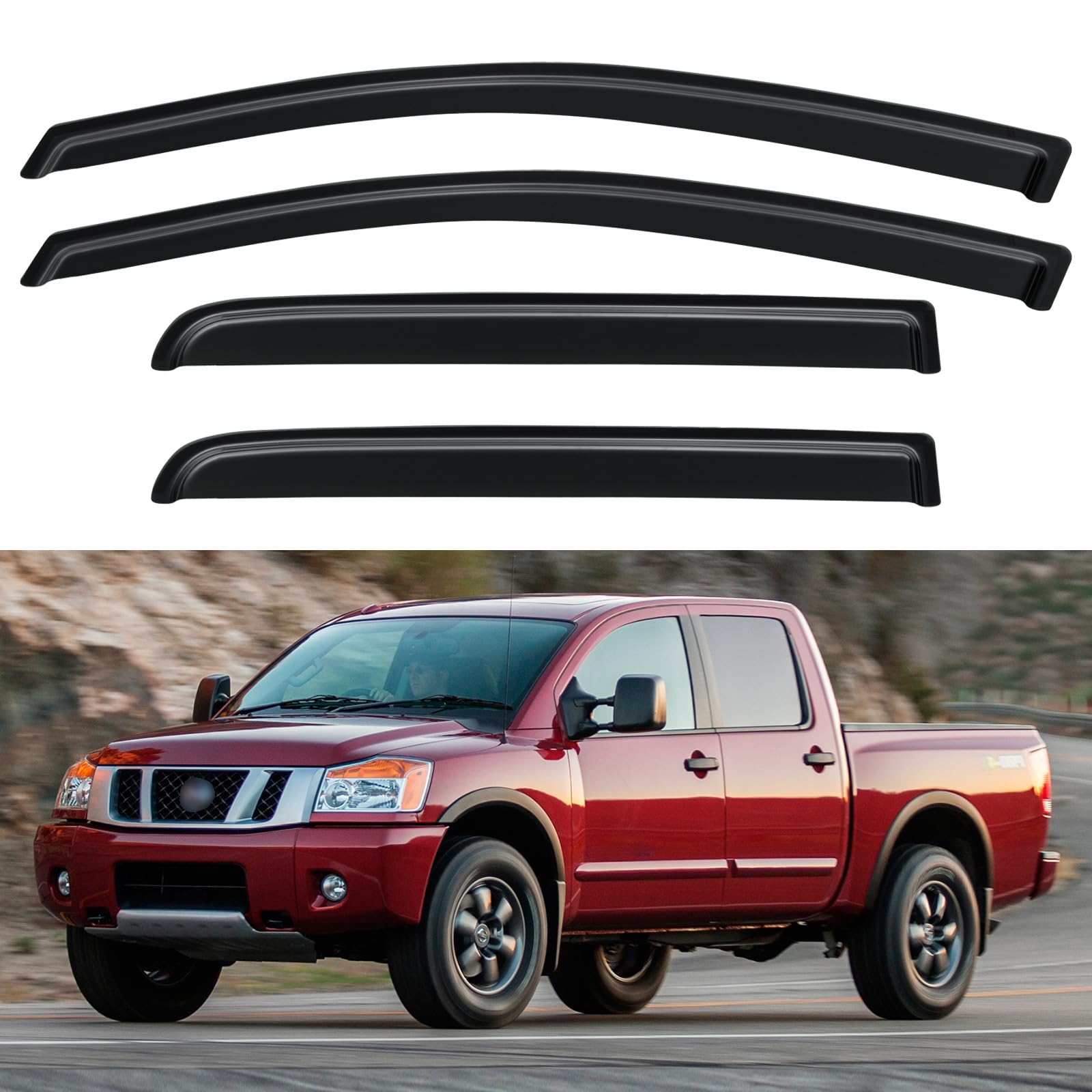 Window Visors Rain Guards for 2004-2015 Nissan Titan Crew Cab | Out-Channel Window Vent Wind Deflectors Visors Shades Protectors for 04-15 Nissan Titan Crew