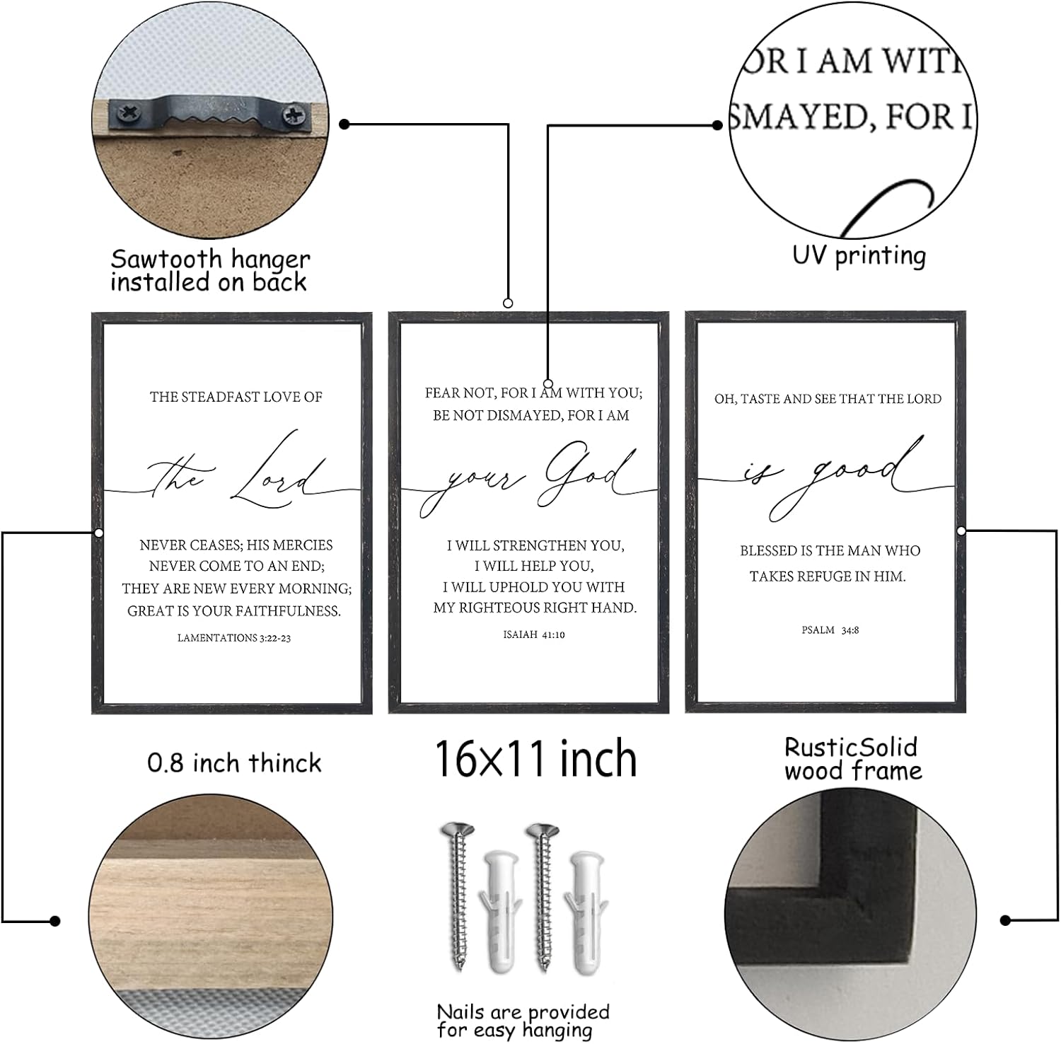 The Lord Your God Is Good Bible Verses Wall Art Decor Set of 3 11"x16" Bedroom Above Bed Inspirational Christian Scripture Wood Framed Sign Rustic Home Living Room Office Wall Hang (Black)