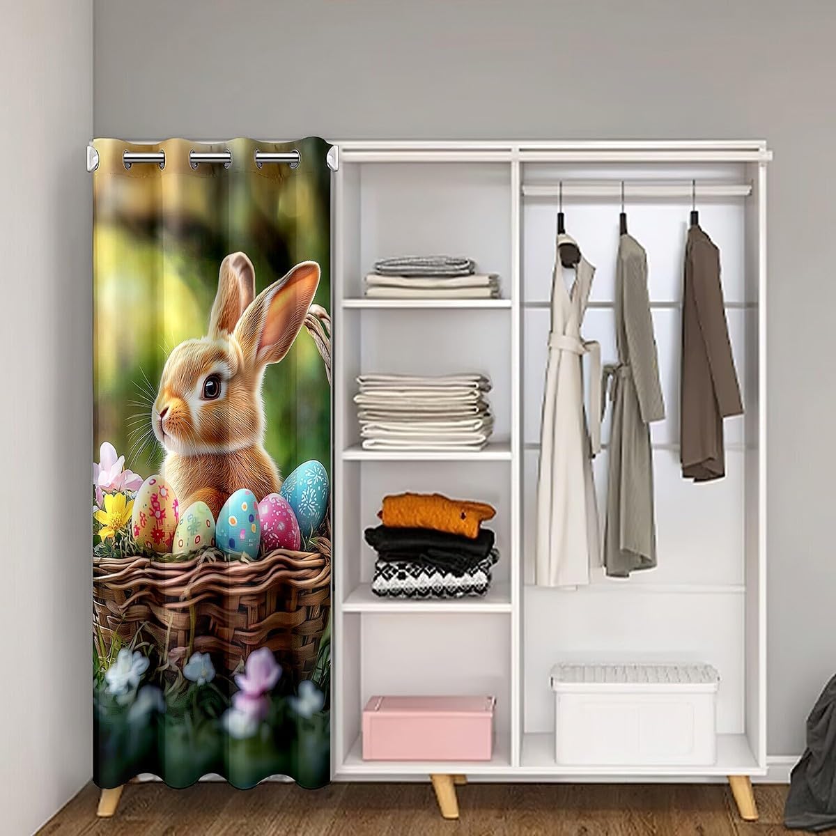 jejeloiu Kids 3D Cute Rabbit Door Cover Curtain Egg Floral Rabbit Doorway Curtain Privacy 52x80 Inch 1 Panel Happy Easter 30%-50% Blackout Curtain Lovely Animal Bunny Girly Window Treatments