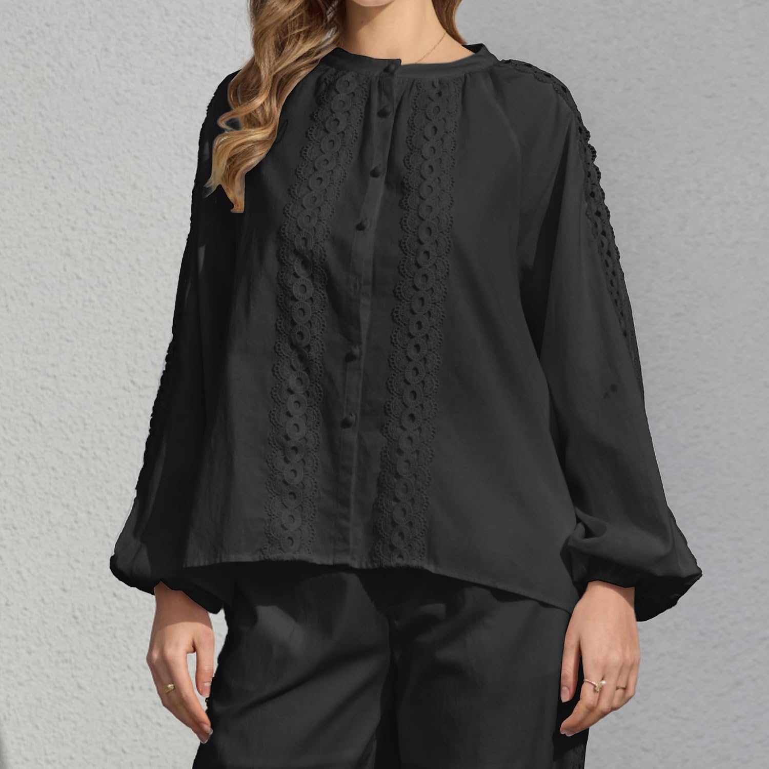 Women's Lantern Sleeve Button Up Lace Trim Shirt Blouse Casual Holiday Cotton Rayon Tunic Top