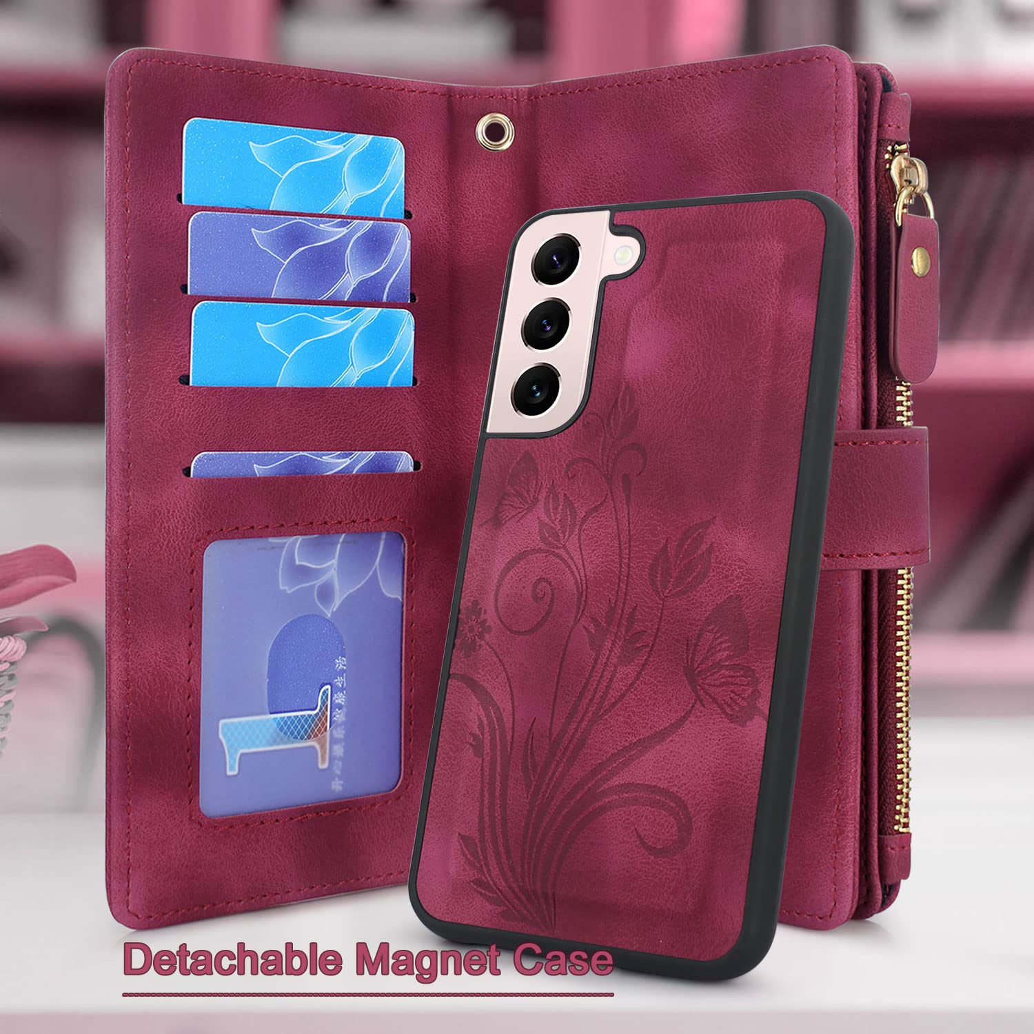 Lacass for Samsung Galaxy S22 Case [12 Card Slots] ID Credit Cash Holder Zipper Pocket Detachable Magnet Leather Wallet Cover Wrist Strap Lanyard Carrying Pouch(Floral Wine Red)