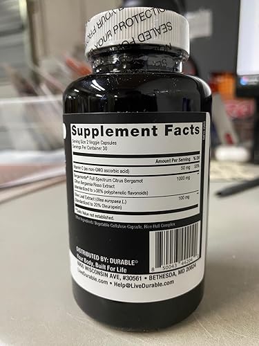 Miniatura 7 de Durable Heart 1,000 mg Extracto de Bergamonte Citrus Bergamonte y hoja de olivo extra fuerte + vitamina C sin OMG, suplementos naturales para el