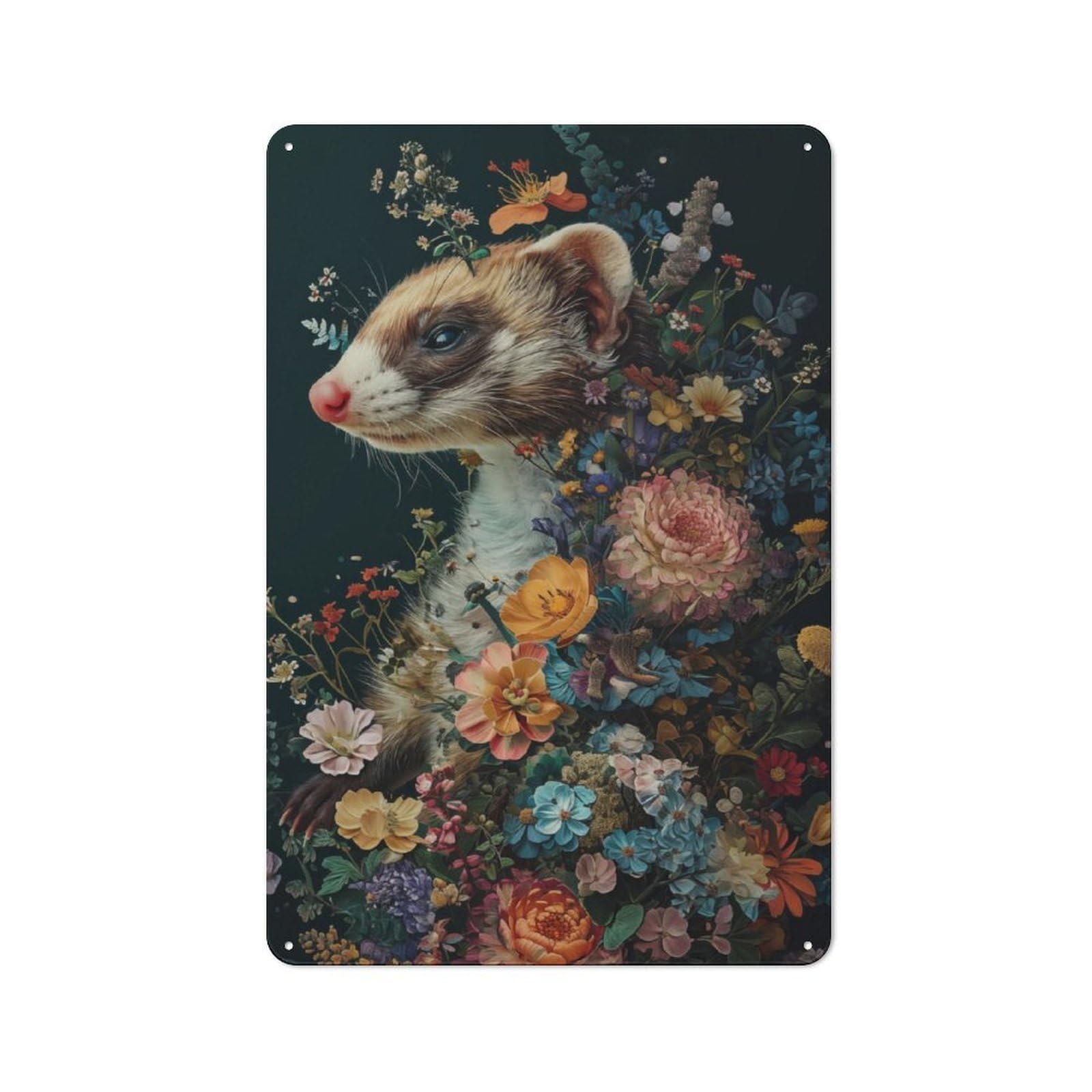 Junmoney Floral Ferret Vintage Tin Sign 30X20cm With For Garage Wall, For Kitchen And Home Bar Decor, For Living Room And Hallway Decor