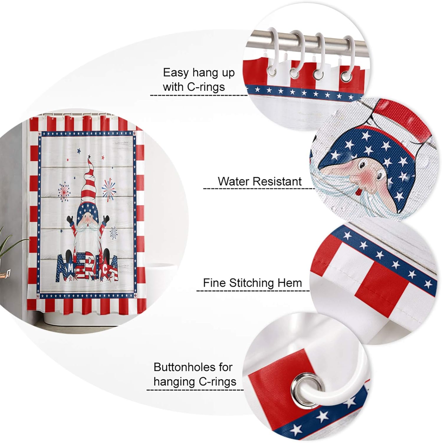 Independence Day Gnomes Shower Curtain Patriotic Stars and Stripes American Flag Bathroom Curtains, Polyester Fabric Shower Curtain for Bathroom 12PCS Hooks