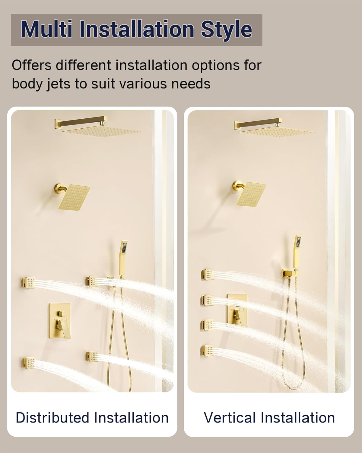 Dual Rainfall Shower Head System with 4 Body Jets, JetsBath Shower Faucet Set Double Shower Head 6-Inch Shower Head & 12” Rain Shower, Luxury Brushed Gold Shower Faucet Set,Wall-Mounted Shower System
