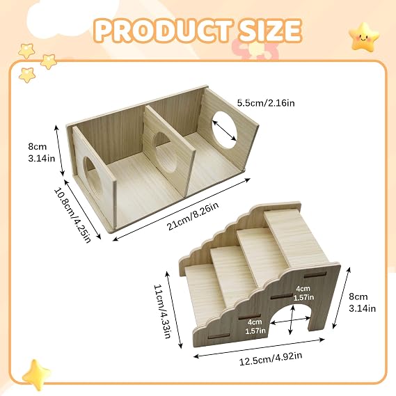 2-Chamber Hamster Tunnel & Wooden Climbing Ladder Bridge,Wooden Hamster Hideout with Ladder for Dwarf Syrian Hamsters Gerbils Mice or Other Small Pets