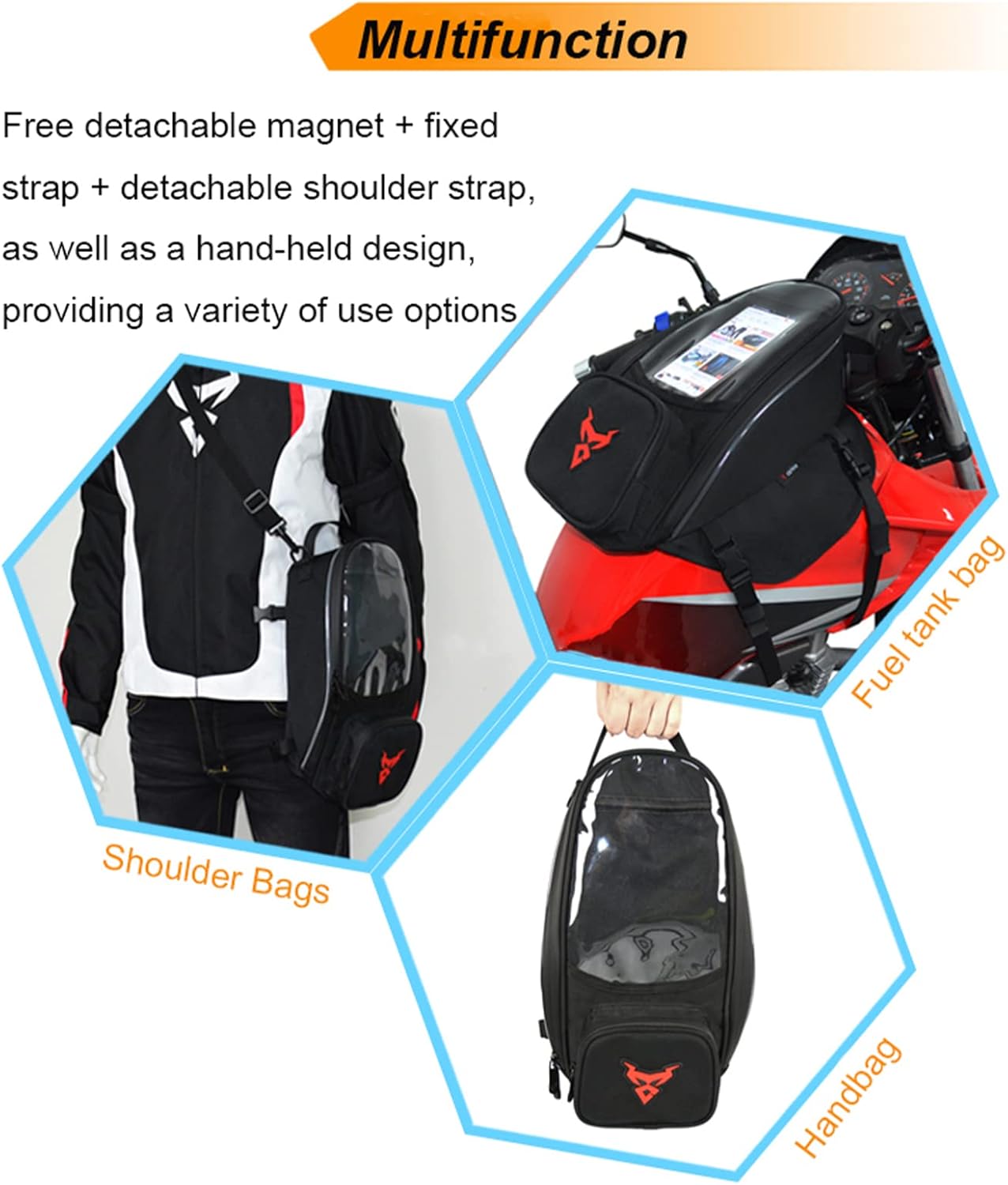 Waterproof Motorcycle Tail Bag Dual Use Motorcycle Magnetic Tank Bag Moto Shoulder Bag with Transparent Compartment,Red