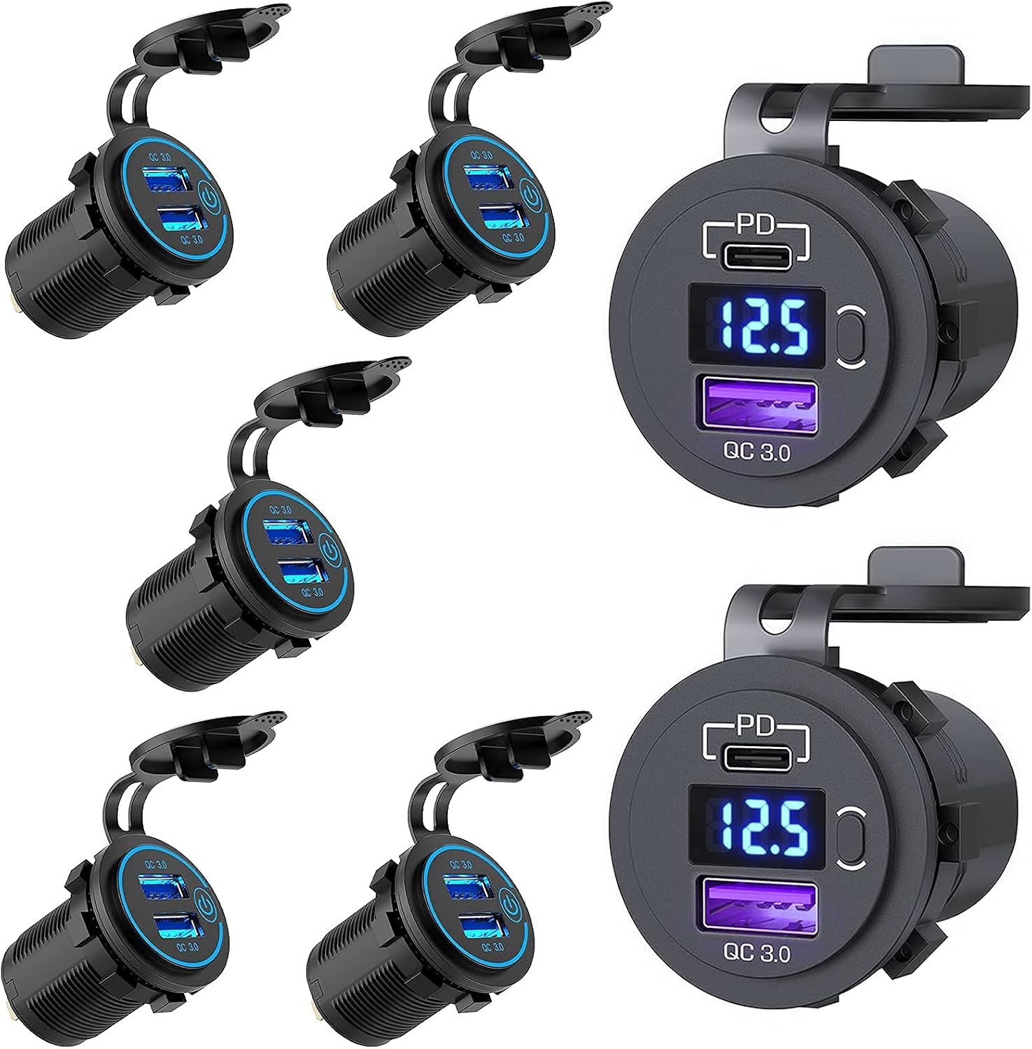 [ 5+2 Pack] Quick Charge 3.0 12V USB Outlet and [2 Pack] USB C Car Charger Socket,Waterproof Dual USB Charger Socket with Touch Switch DIY Kit for 12V/24V Car, Golf Cart, Boat, RV, Motorcycle, Truck