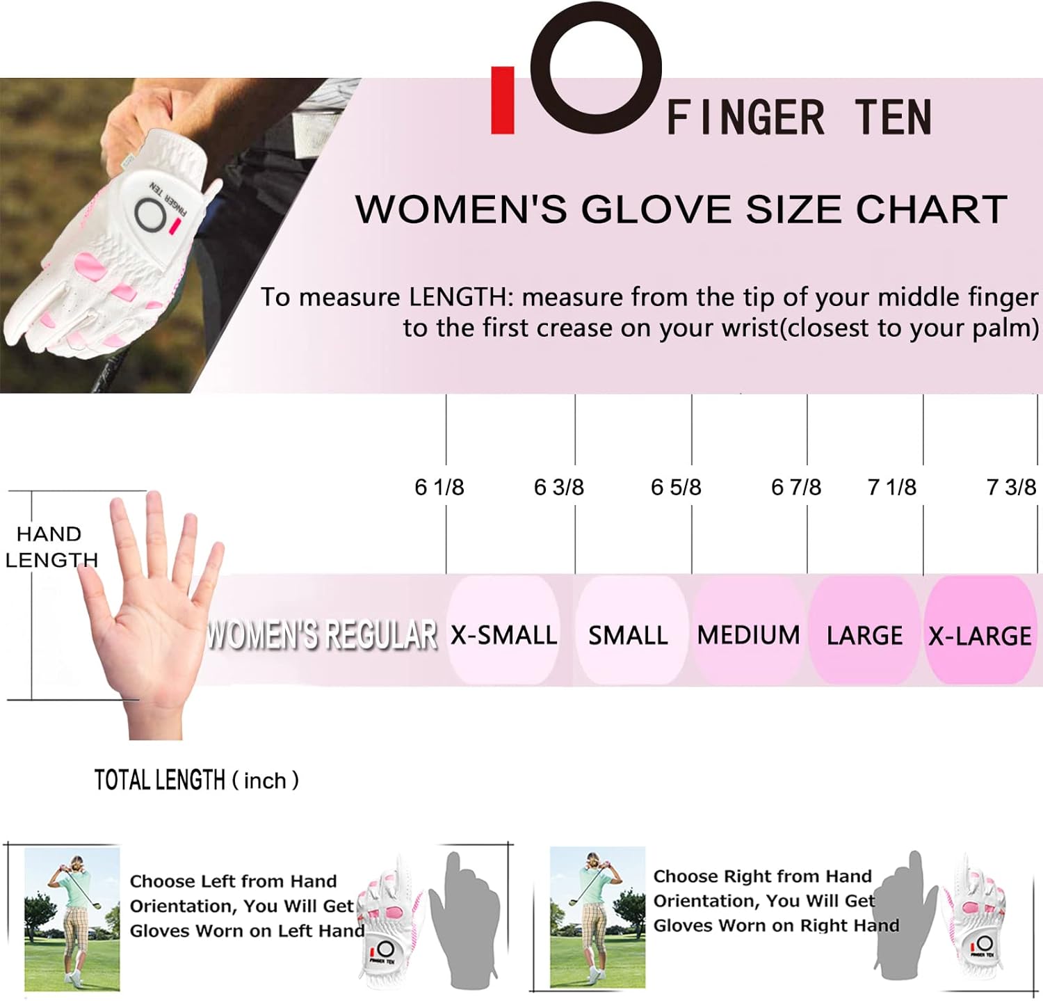 FINGER TEN Women’s Golf Gloves Ladies Left Hand Right Handed Golfer Value 6 Pack, All Weather Rain Grip Glove Pink Fit Small Medium Large XL