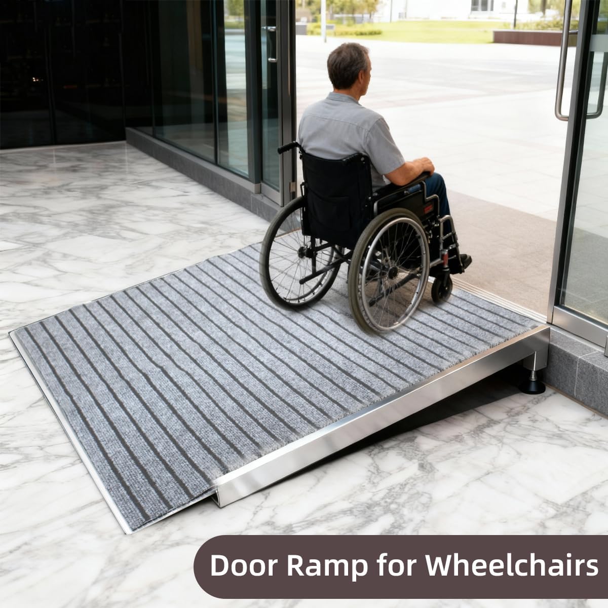 Aluminum Threshold Ramp for Wheelchairs,Adjustable 3.4"-7.2" Rise Door Ramps for Doorways 36"x36" Entry Handicap Ramp for Uneven Surfaces 800 lbs Capacity with a Non-Slip Thick Door Mat