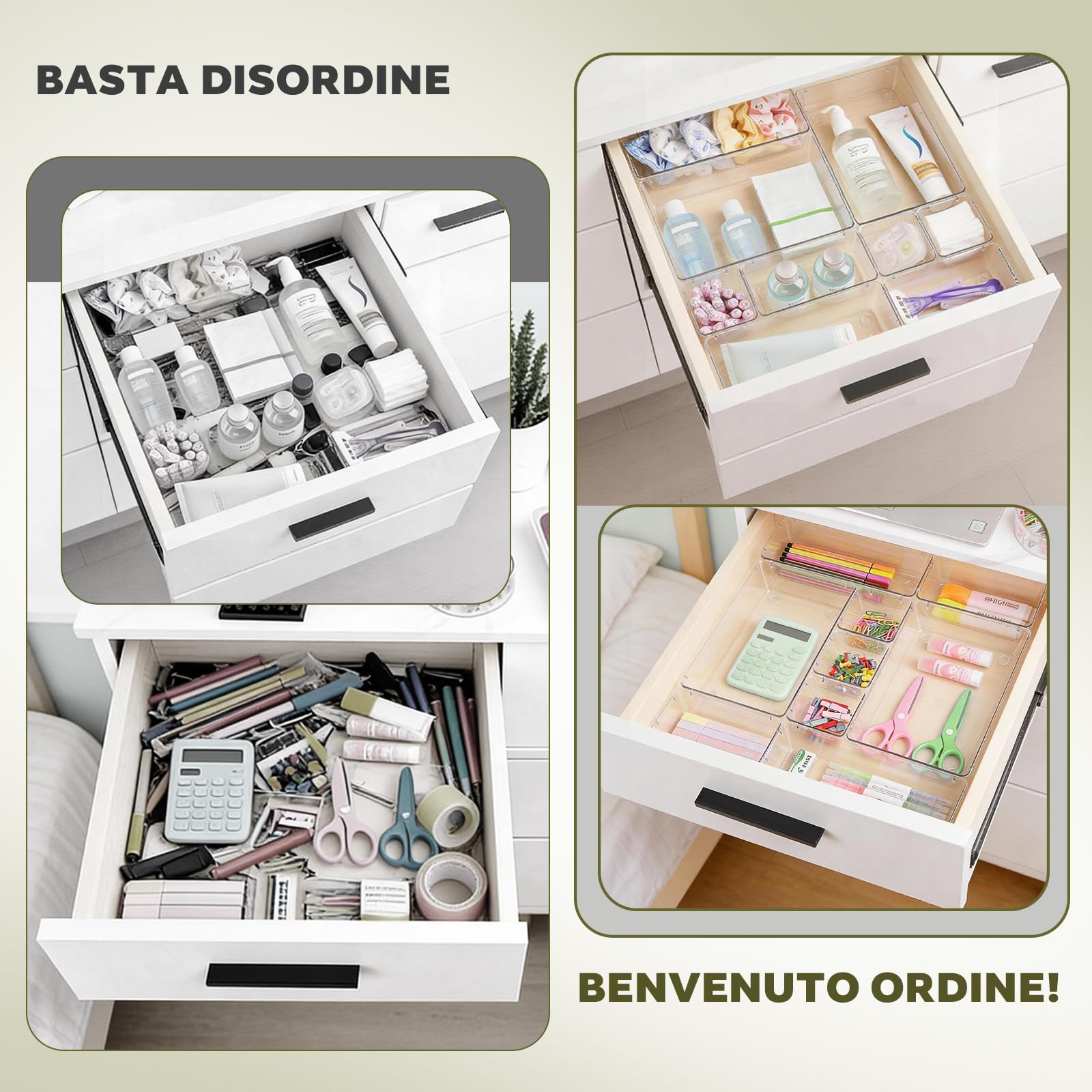 Set da 44 Scatole Organizzatrici per Cassetti, 4 Misure con Punti Antiscivolo, Organizer Impilabile Trasparente per Trucchi, Cucina, Bagno e Ufficio